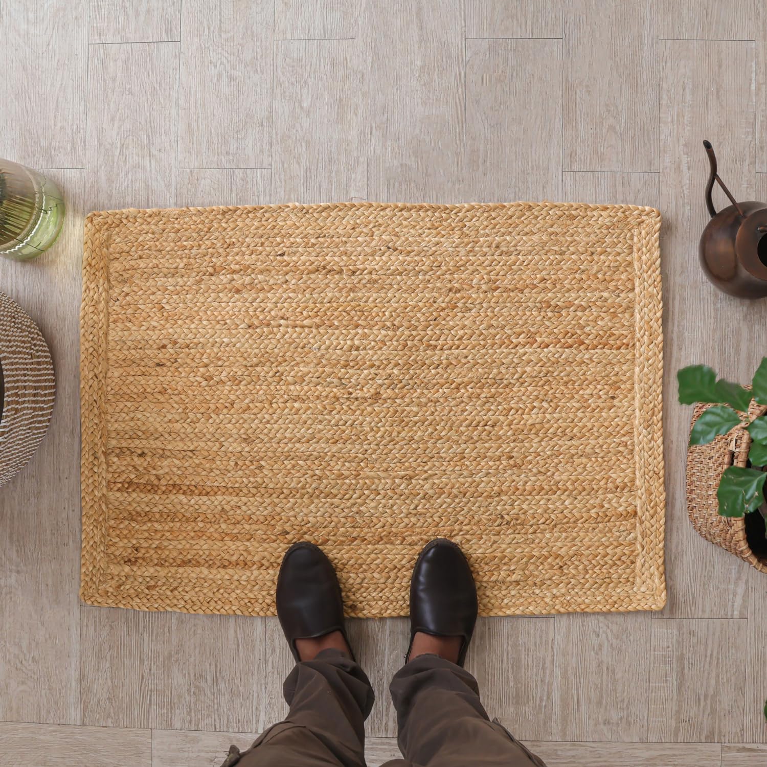 HOMEMONDE Solid Braided 8'x10' Jute Area Rug Natural - Eco Friendly Premium Fiber - Durable and Reversible Handwoven Farmhouse Rugs for Living Room, Hallway, Bedroom, Dinning Room, Kitchen, Office