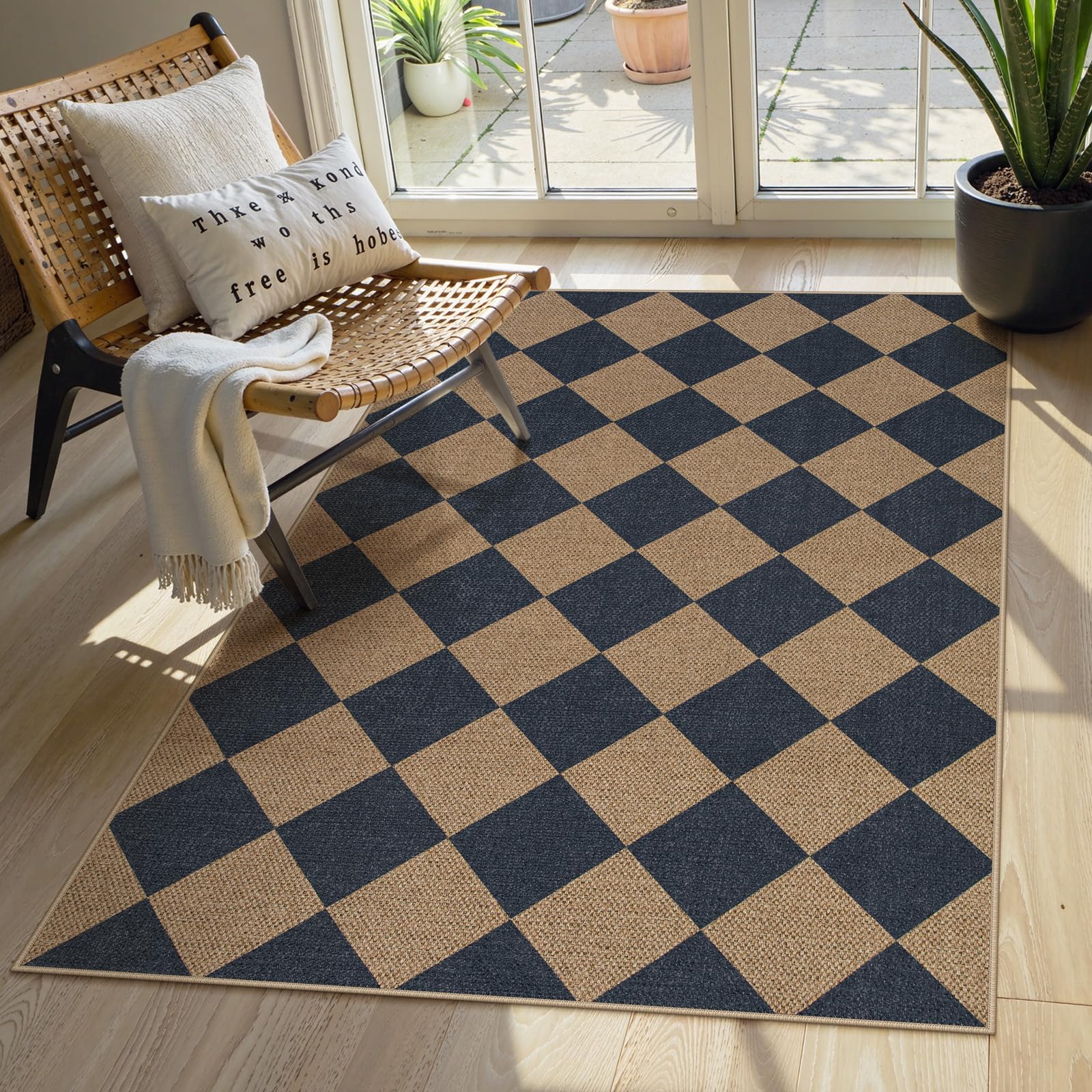 Lahome Checkered Easy Jute 5x7 Area Rugs, Washable Outdoor Patio Rug for Living Room Diamond Indoor Outdoor Carpet, Farmhouse Geometric Non Slip Black Carpet for Backyard Dining Room