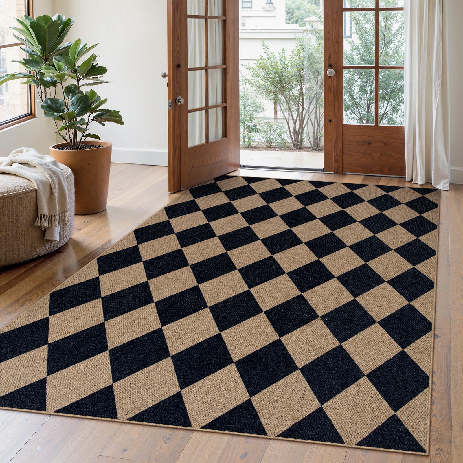 Lahome Checkered Easy Jute 5x7 Area Rugs, Washable Outdoor Patio Rug for Living Room Diamond Indoor Outdoor Carpet, Farmhouse Geometric Non Slip Black Carpet for Backyard Dining Room