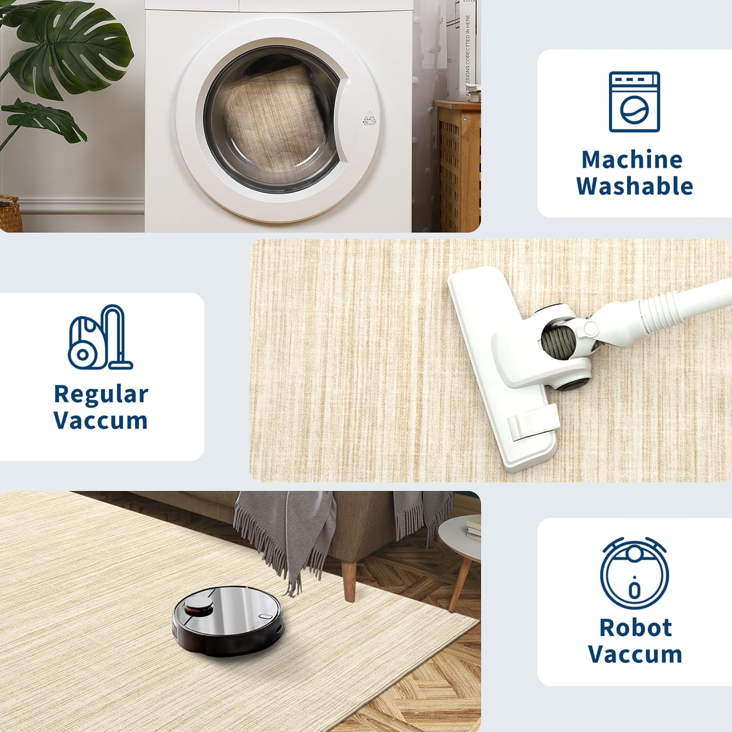 Washable Area Rug 8x10 for Living Room Bedroom Non Slip Minimalist Solid Color Area Rugs Modern Abstract Plain Dining Room Throw Carpet Low Pile Soft Classic Boho Rugs for Kitchen Nursery Oiifce,Ivory