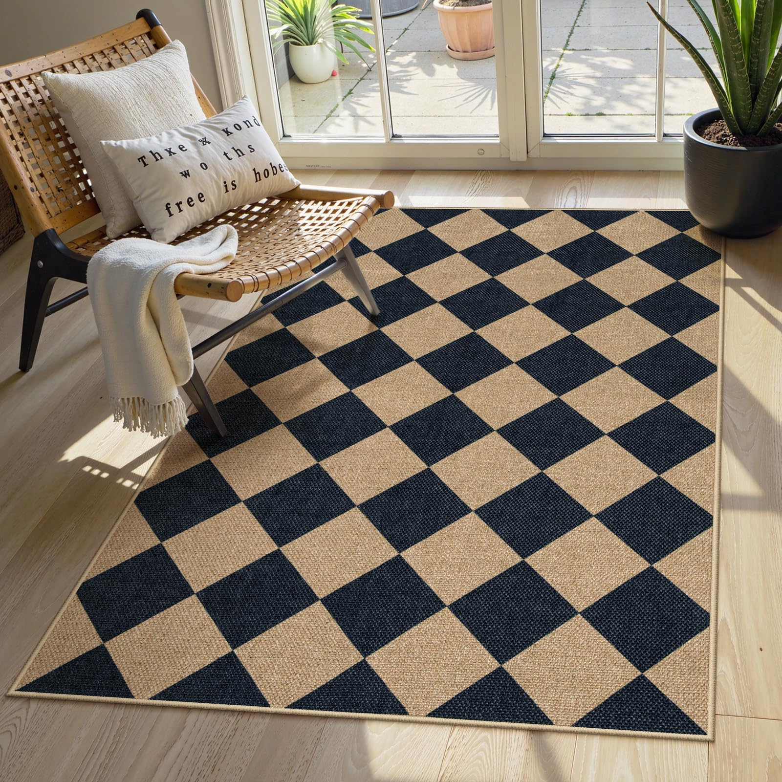 Lahome Checkered Easy Jute 5x7 Area Rugs, Washable Outdoor Patio Rug for Living Room Diamond Indoor Outdoor Carpet, Farmhouse Geometric Non Slip Black Carpet for Backyard Dining Room