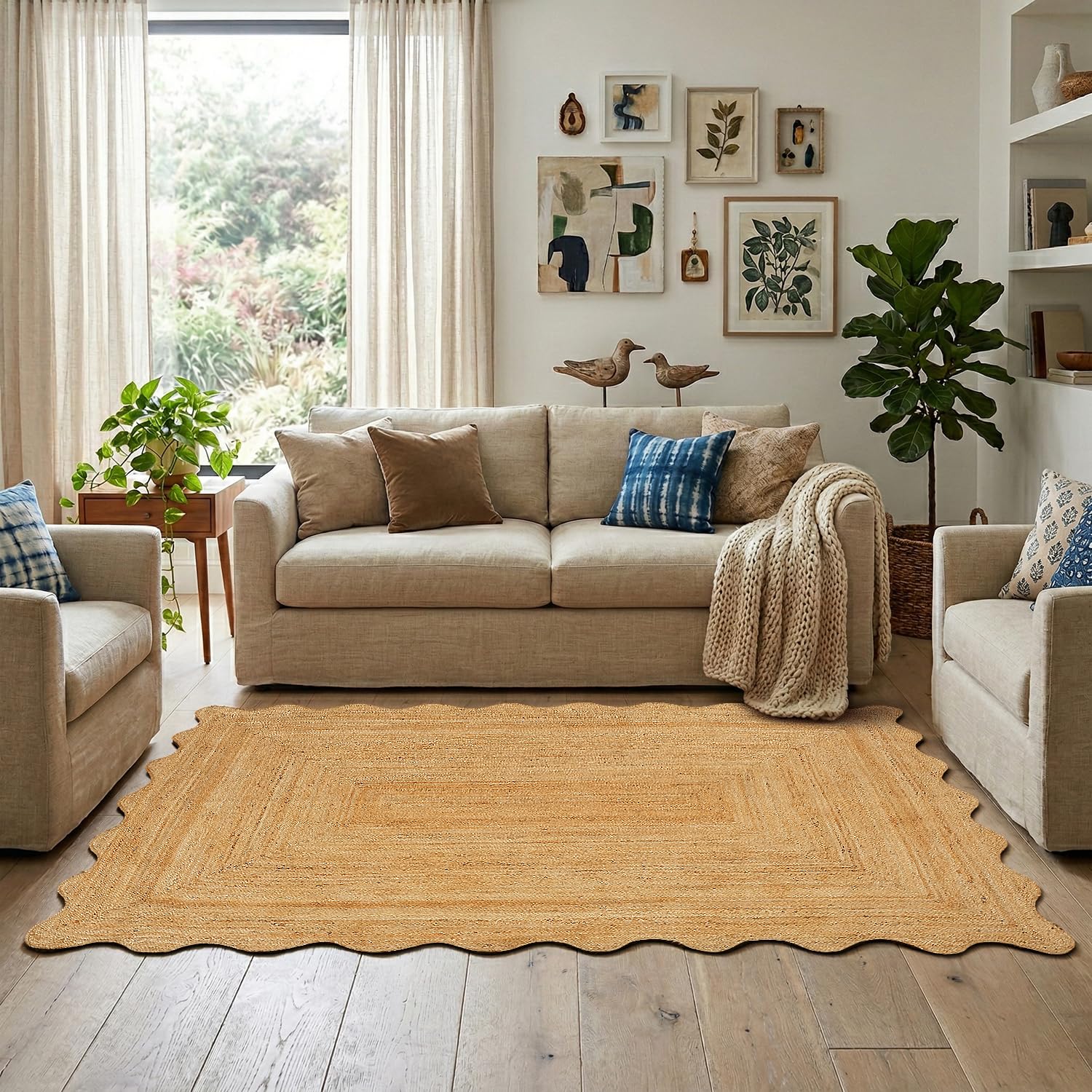 GRUHUM Jute Area Rug 6'x9' ft Wave Scalloped Natural Ivory Border Handwoven Boho Reversible Rustic Vintage Farmhouse Soft Braided EcoFriendly Rug - Indoor Livingroom Bedroom Hallways 6x9 ft Large