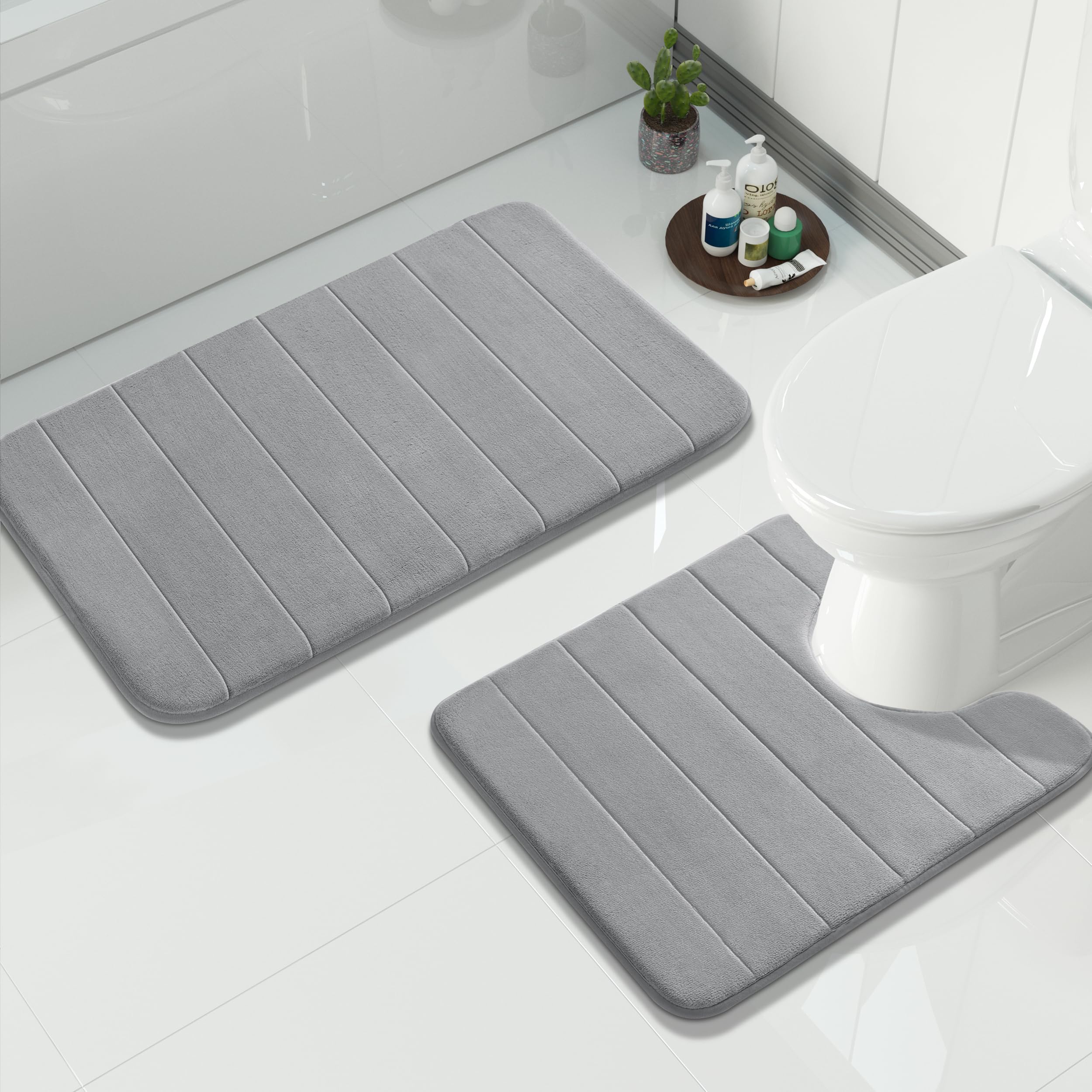 Yimobra Memory Foam Bath Mat Set 2 Piece - Super Soft Absorbent Quick Dry Bathroom Toilet Rugs, Machine Washable Non Slip Floor Carpet for Tub Shower & Single Sink (31.5x20 & 24x20, Gray)