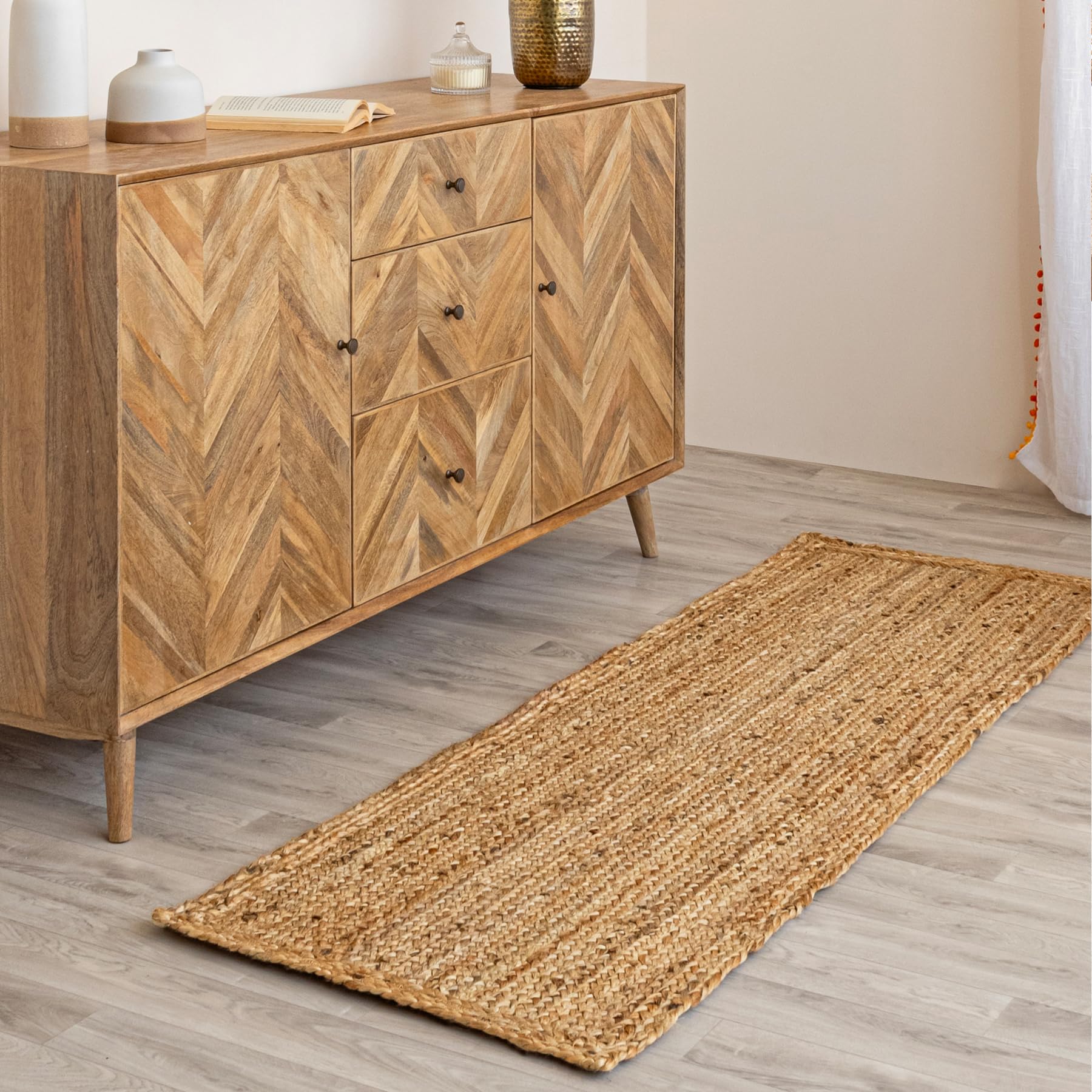 HOMEMONDE Solid Braided 8'x10' Jute Area Rug Natural - Eco Friendly Premium Fiber - Durable and Reversible Handwoven Farmhouse Rugs for Living Room, Hallway, Bedroom, Dinning Room, Kitchen, Office