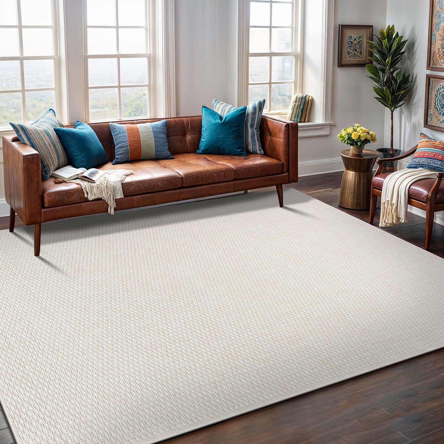 Washable Easy Jute Rug 5x7, Indoor Outdoor Rugs Natural Color Farmhouse Area Rugs for Living Room, Kitchen, High Traffic Area, Easy to Clean Solid Boho Woven Design Outside Carpet (5 X 7 Natural)