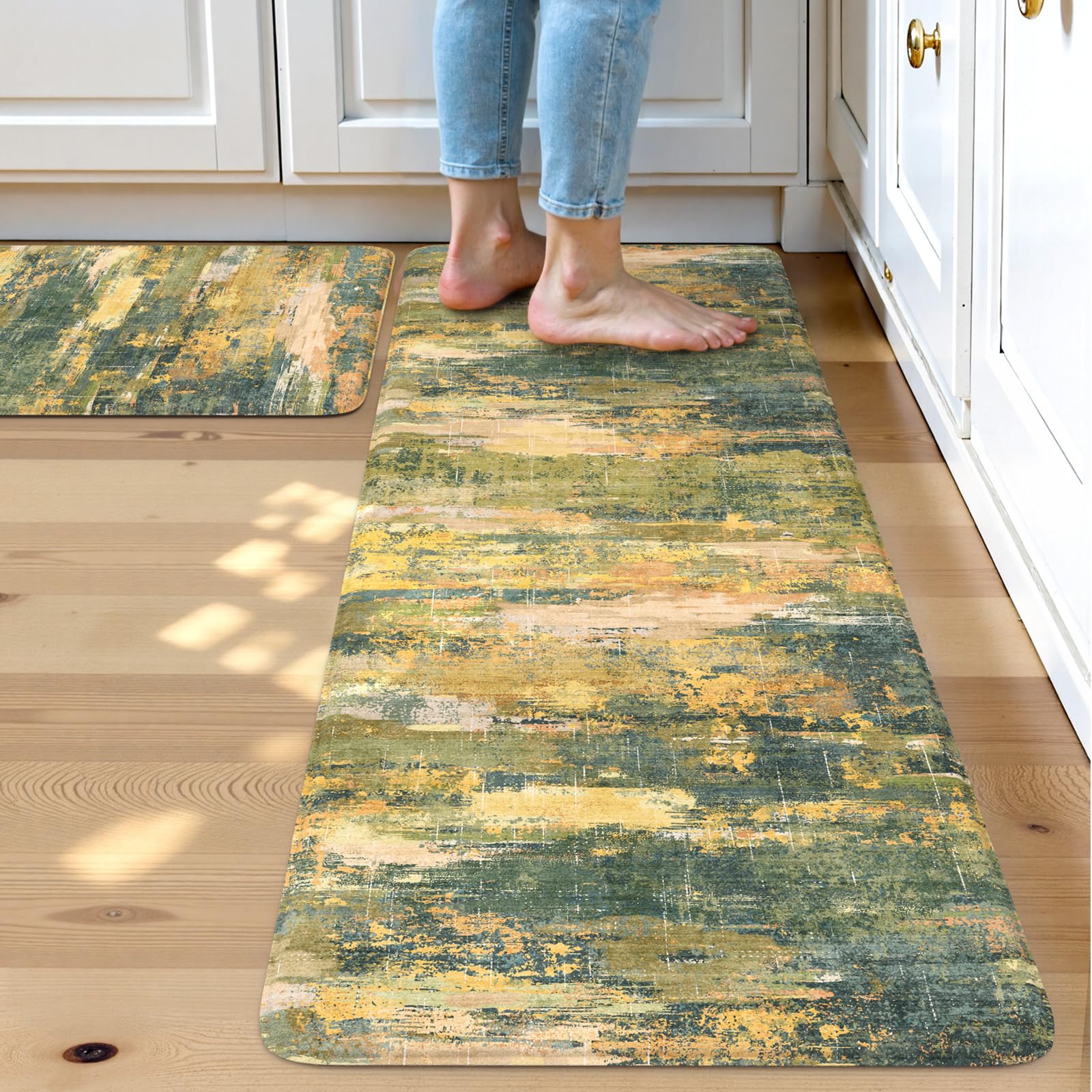 Collive Kitchen Mats Cushioned Anti Fatigue, Abstract Kitchens Floor Mat Non Slip Desk Rugs Waterproof, Beige Memory Foam Comfort Standing Rug for Sink, Home Decor, 17"x59"+17"x29"