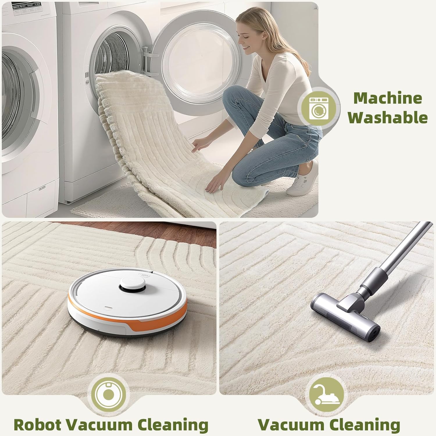 Beige Solid Area Rug 8x10 – Large Washable Soft Indoor Rugs for Living Room Bedroom, Modern Geometric Bohemian Pattern High-Low Pile Textured Carpet for House Apartment, Home Office Decor