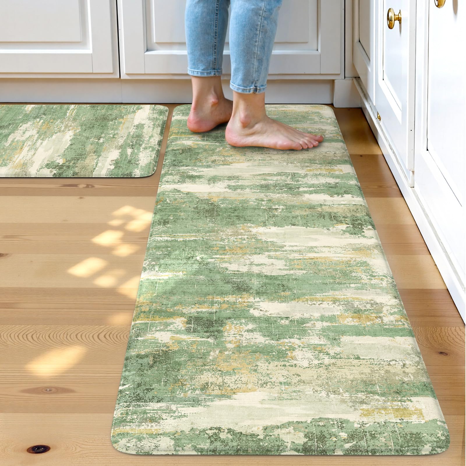 Collive Kitchen Mats Cushioned Anti Fatigue, Abstract Kitchens Floor Mat Non Slip Desk Rugs Waterproof, Beige Memory Foam Comfort Standing Rug for Sink, Home Decor, 17"x59"+17"x29"
