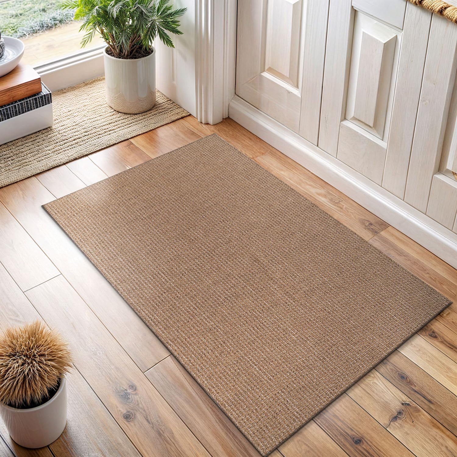 Washable Easy Jute Rug 5x7, Indoor Outdoor Rugs Natural Color Farmhouse Area Rugs for Living Room, Kitchen, High Traffic Area, Easy to Clean Solid Boho Woven Design Outside Carpet (5 X 7 Natural)