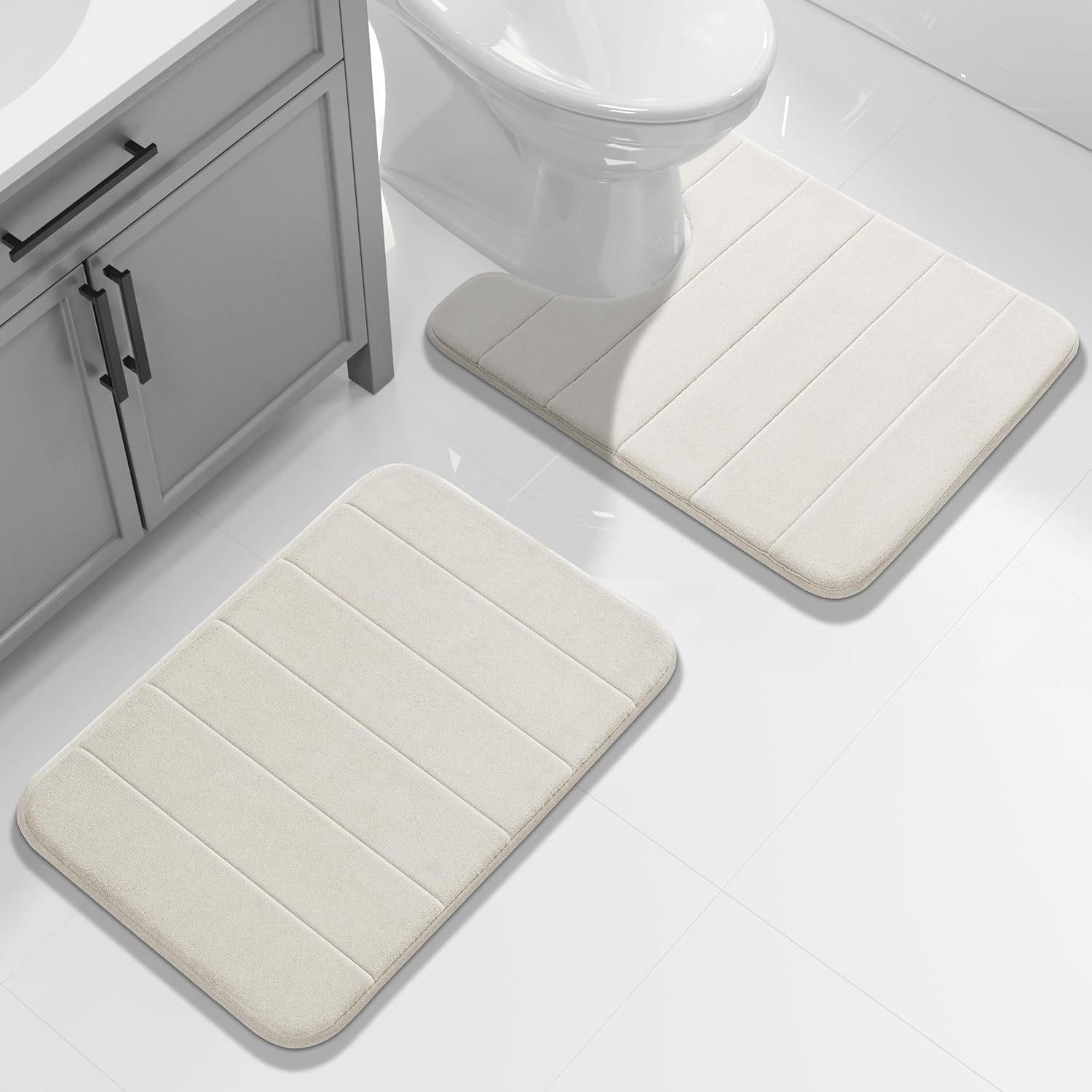 Yimobra Memory Foam Bathroom Rugs Sets 2 Piece - Super Soft Absorbent Quick Dry Bath Mat Set, Machine Washable Non Slip Floor Carpet for Tub Shower & Single Sink (17x24 & 31.5x20 Inch, Dark Gray)