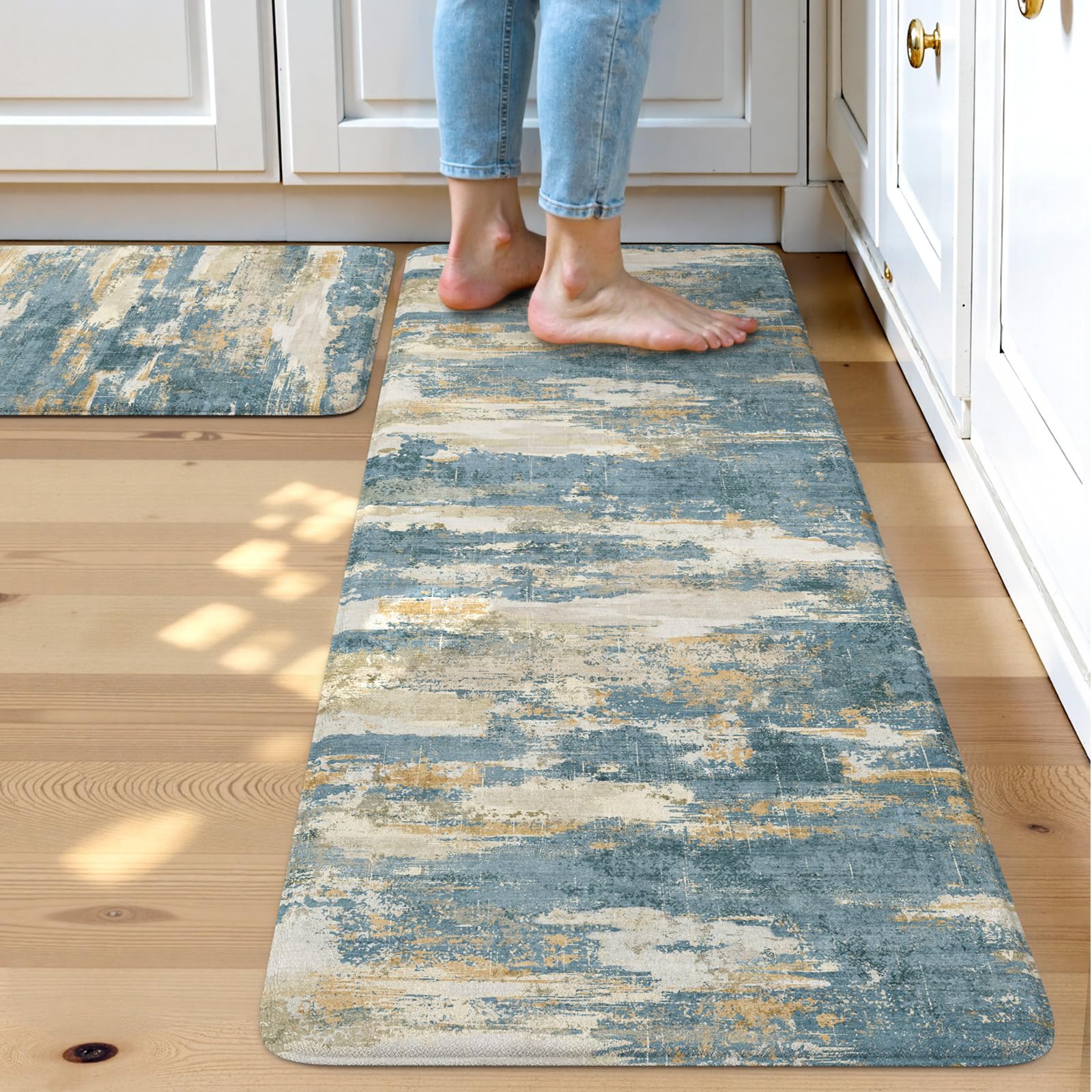 Collive Kitchen Mats Cushioned Anti Fatigue, Abstract Kitchens Floor Mat Non Slip Desk Rugs Waterproof, Beige Memory Foam Comfort Standing Rug for Sink, Home Decor, 17"x59"+17"x29"