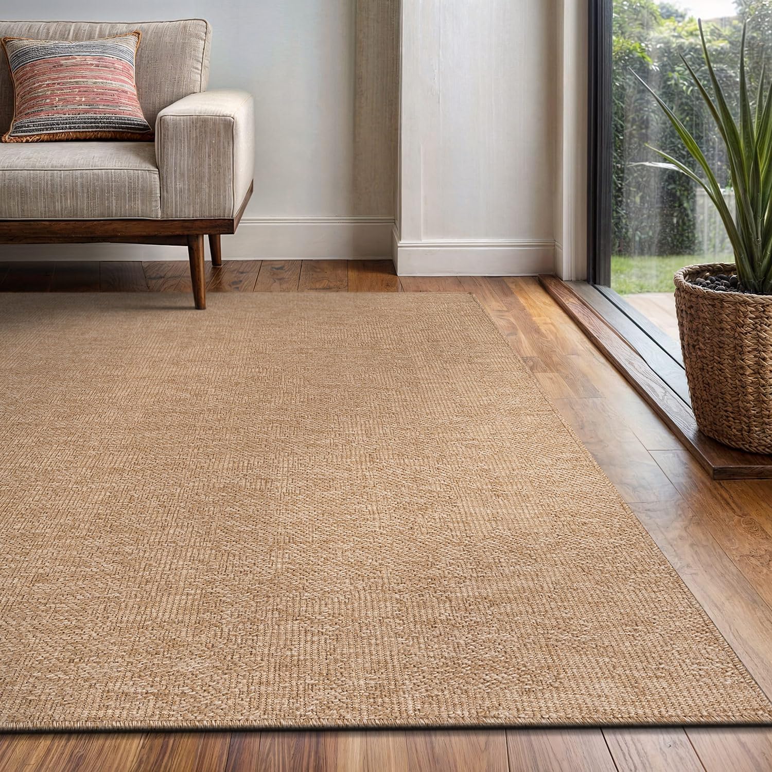 Washable Easy Jute Rug 5x7, Indoor Outdoor Rugs Natural Color Farmhouse Area Rugs for Living Room, Kitchen, High Traffic Area, Easy to Clean Solid Boho Woven Design Outside Carpet (5 X 7 Natural)