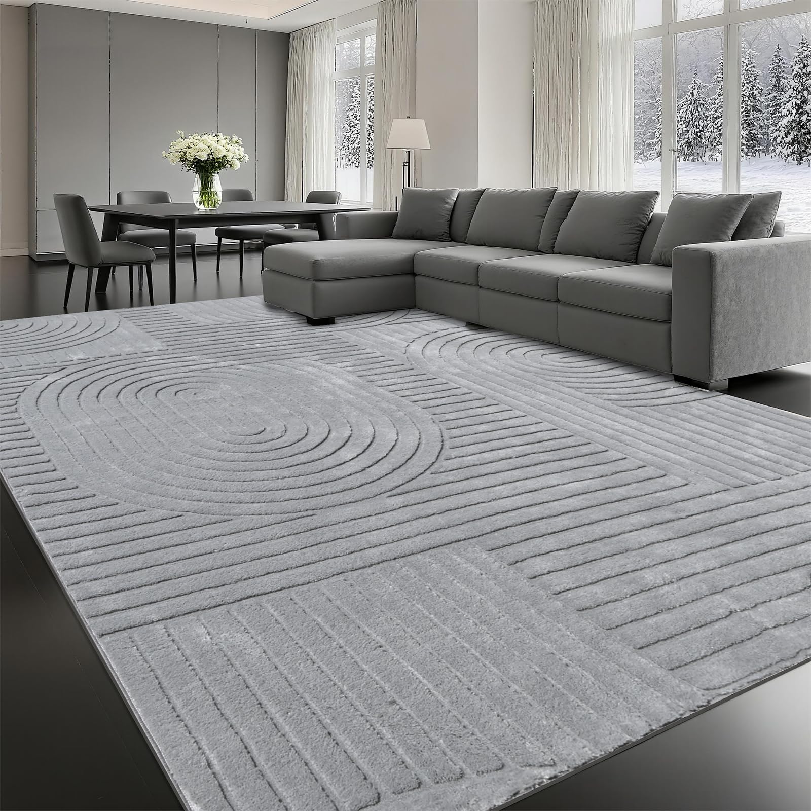 Beige Solid Area Rug 8x10 – Large Washable Soft Indoor Rugs for Living Room Bedroom, Modern Geometric Bohemian Pattern High-Low Pile Textured Carpet for House Apartment, Home Office Decor