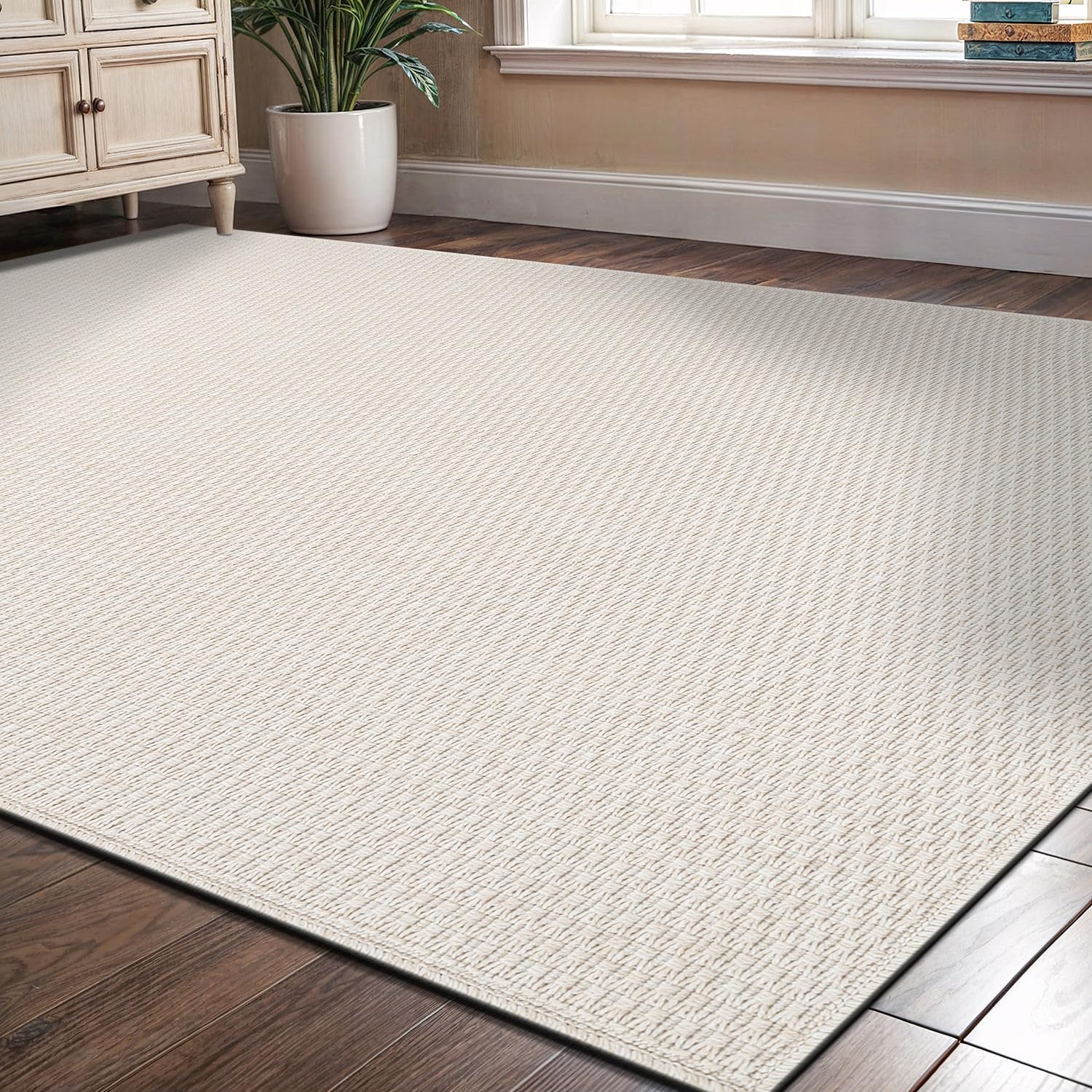 Washable Easy Jute Rug 5x7, Indoor Outdoor Rugs Natural Color Farmhouse Area Rugs for Living Room, Kitchen, High Traffic Area, Easy to Clean Solid Boho Woven Design Outside Carpet (5 X 7 Natural)