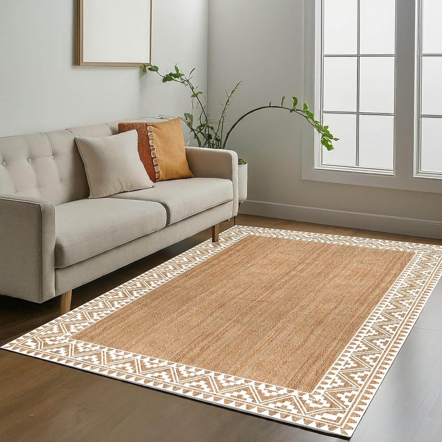 voyzz home 6X9 Feet-Oval, Premium Natural Jute High Traffic Braided Area Rug, Stain Resistance, Handmade Rug for Entryways, Living Room, Dining Room, Bedroom, Farmhouse (Natural & Grey & Ivory)