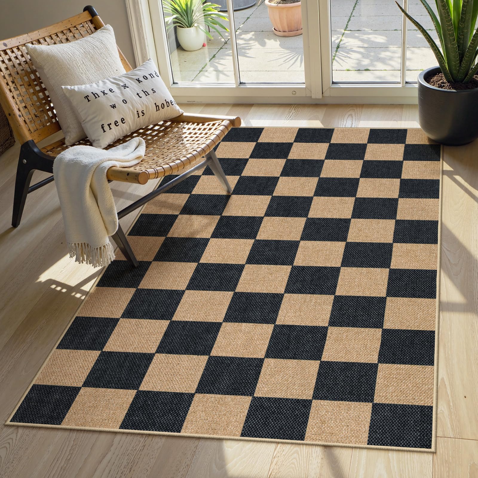 Lahome Checkered Easy Jute 5x7 Area Rugs, Washable Outdoor Patio Rug for Living Room Diamond Indoor Outdoor Carpet, Farmhouse Geometric Non Slip Black Carpet for Backyard Dining Room