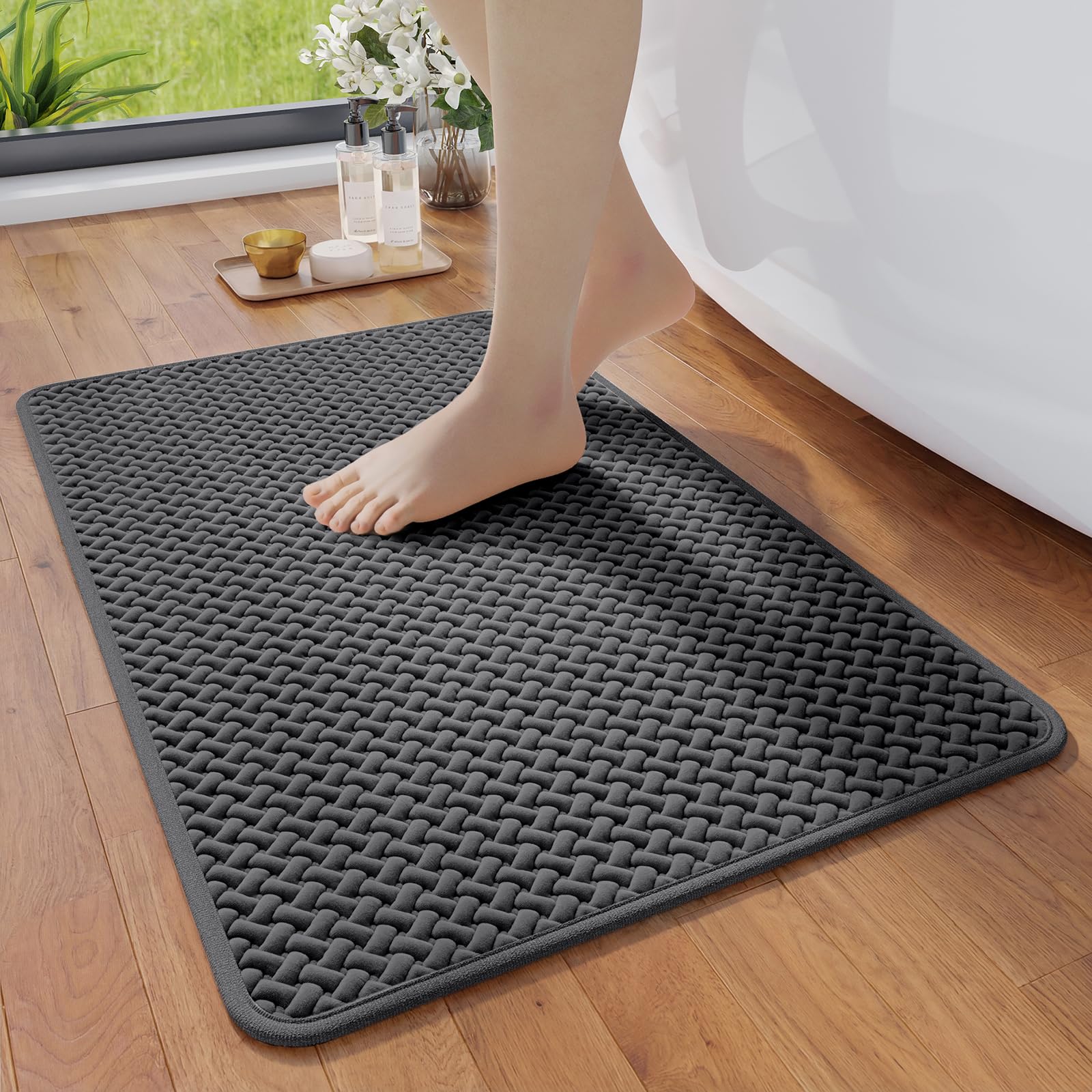 Bathroom Runner Rug Non Slip, Super Absorbent Quick Dry Long Bath Mat, Foam Weave Texture Rubber Backing Ultra Thin Bathroom Mats Fit Under Door Bathroom Floor Bathtub Shower, 16"x 47"
