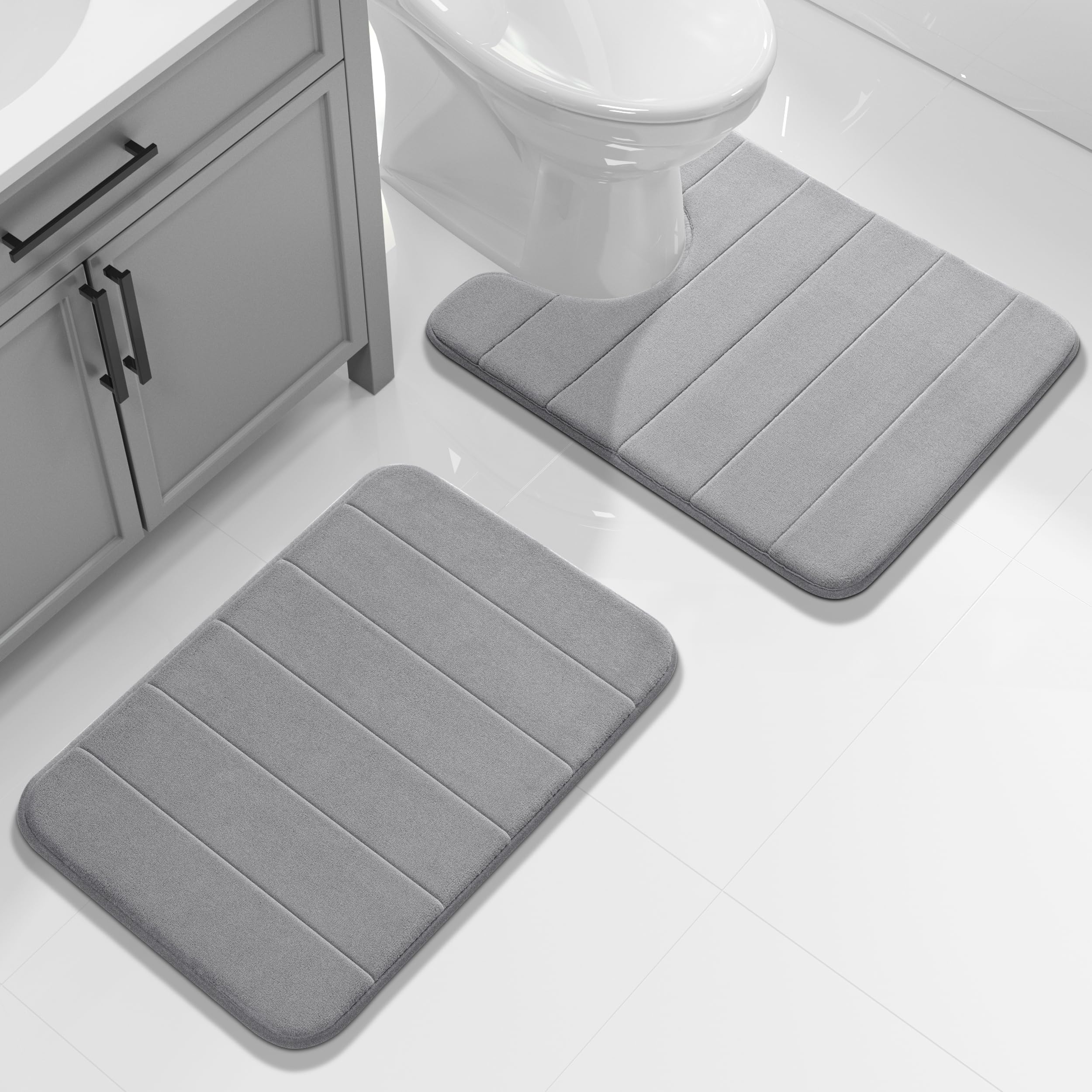 Yimobra Memory Foam Bath Mat Set 2 Piece - Super Soft Absorbent Quick Dry Bathroom Toilet Rugs, Machine Washable Non Slip Floor Carpet for Tub Shower & Single Sink (31.5x20 & 24x20, Gray)