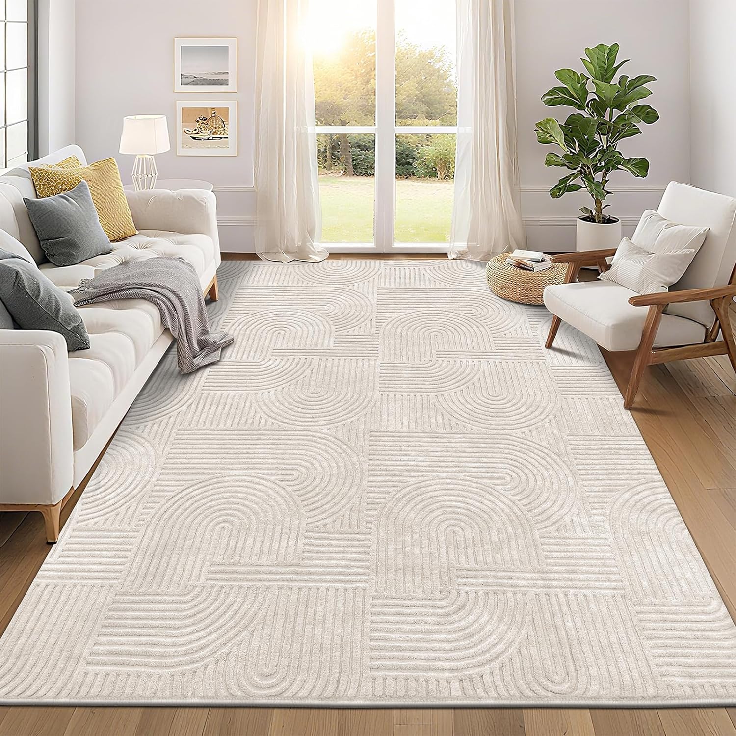 Pauwer 8x10 Washable Area Rugs for Living Room Modern Beige Solid Color Soft Fluffy Rugs for Bedroom Non Slip Boho Accent Indoor Mat Floor Carpet Cover for Kids Room Dining Room Kitchen Office