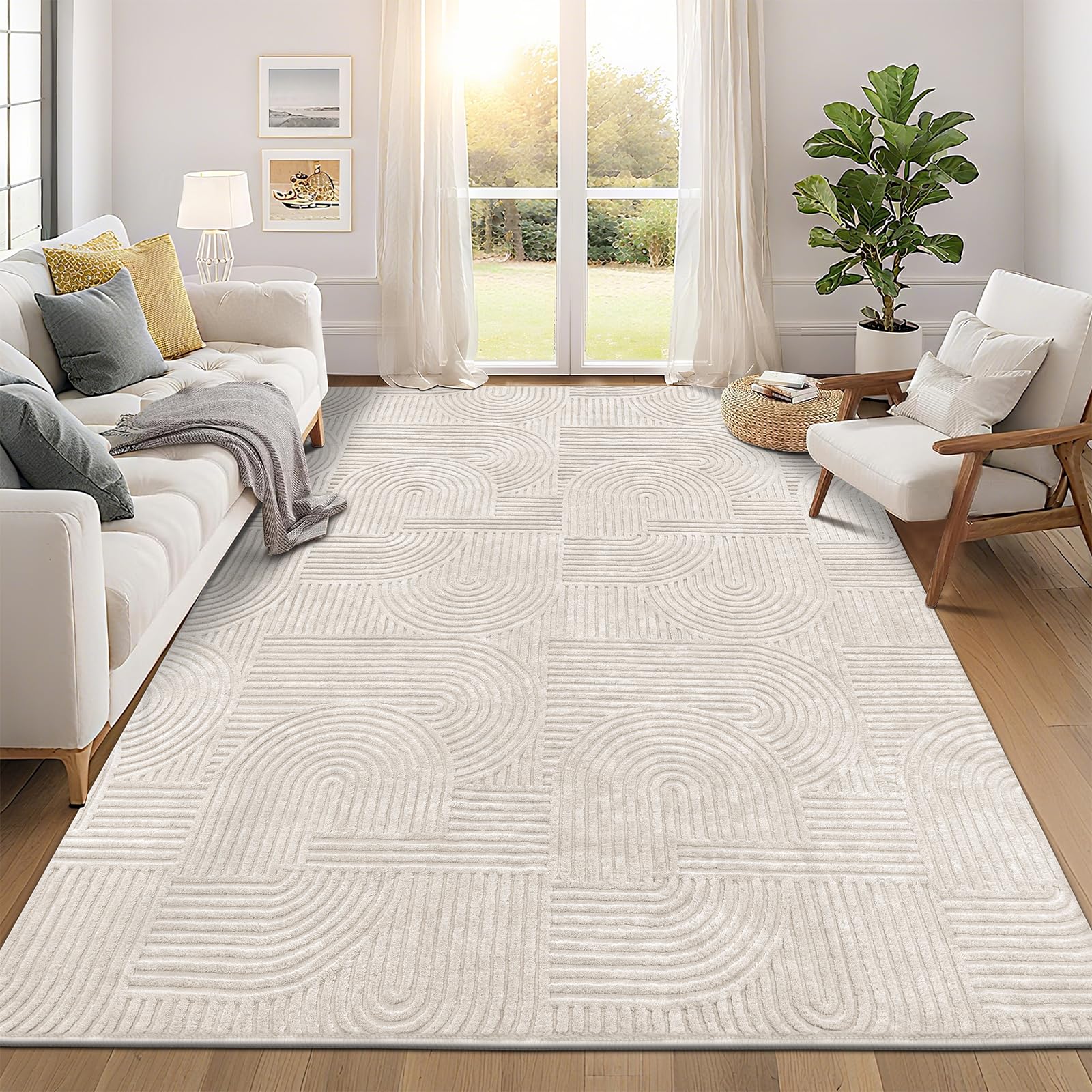 Pauwer 8x10 Washable Area Rugs for Living Room Modern Beige Solid Color Soft Fluffy Rugs for Bedroom Non Slip Boho Accent Indoor Mat Floor Carpet Cover for Kids Room Dining Room Kitchen Office