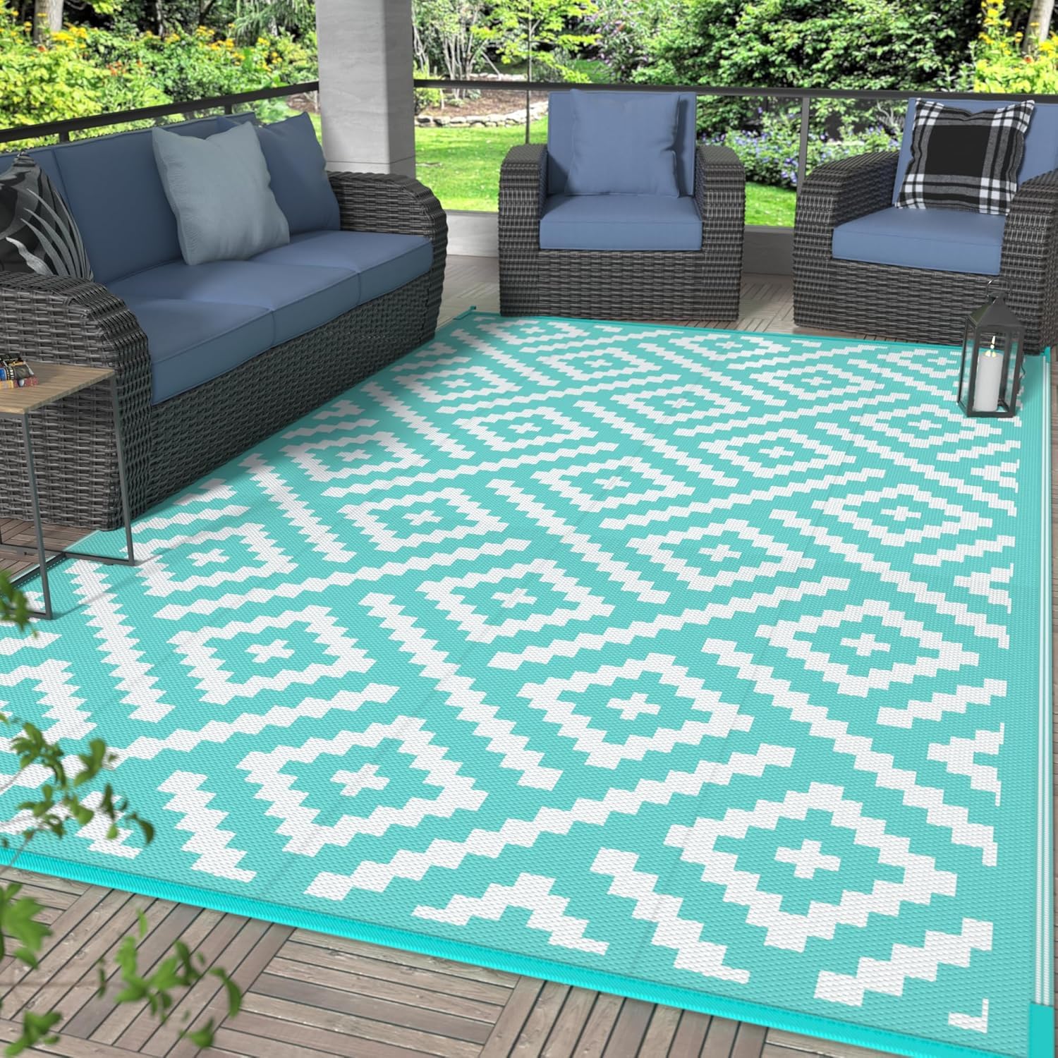 GENIMO Outdoor Rug for Patio Clearance,6'x9' Waterproof Mat,Reversible Plastic Camping Rugs,Rv,Deck,Porch,Camper,Balcony,Backyard (Black & Beige)