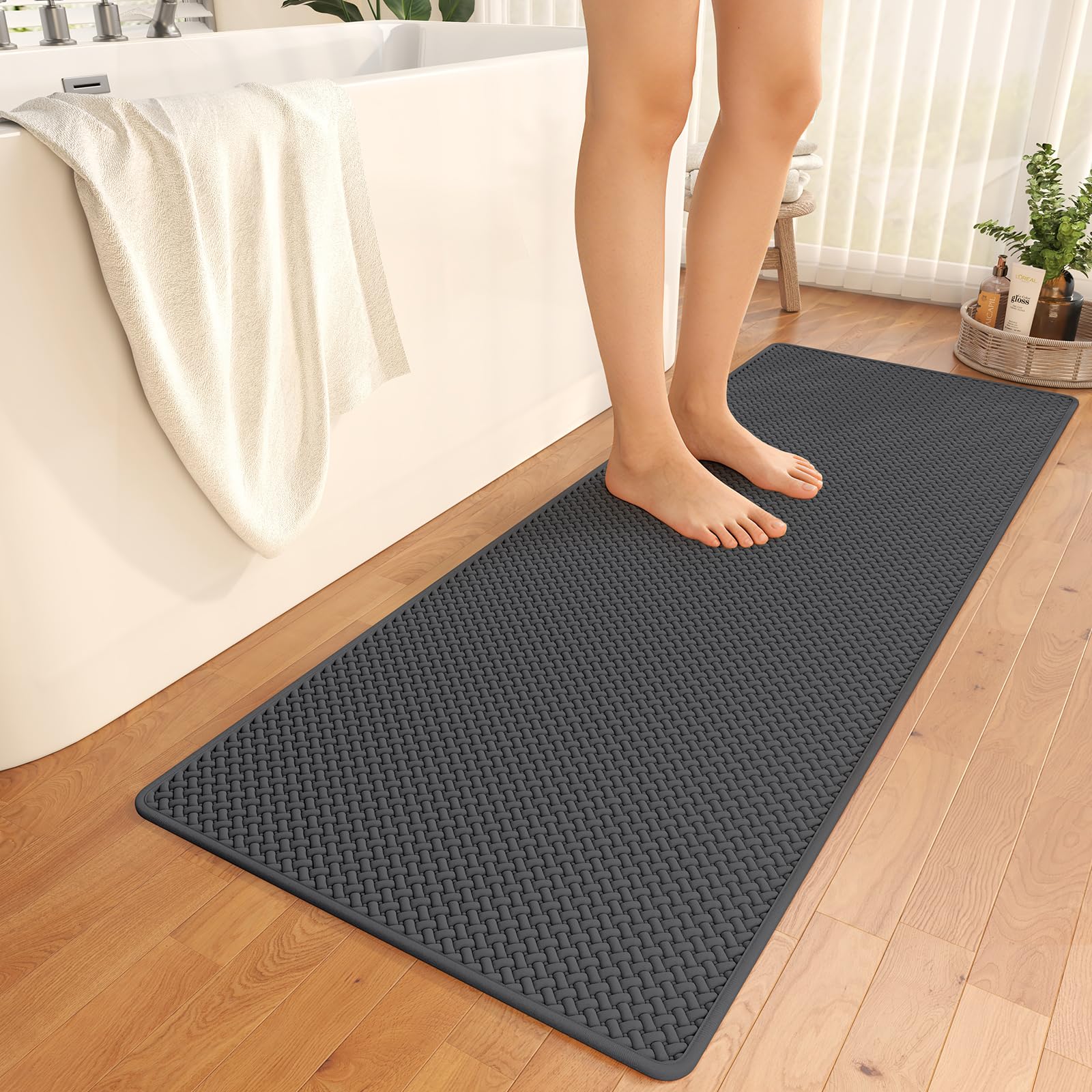 Bathroom Runner Rug Non Slip, Super Absorbent Quick Dry Long Bath Mat, Foam Weave Texture Rubber Backing Ultra Thin Bathroom Mats Fit Under Door Bathroom Floor Bathtub Shower, 16"x 47"