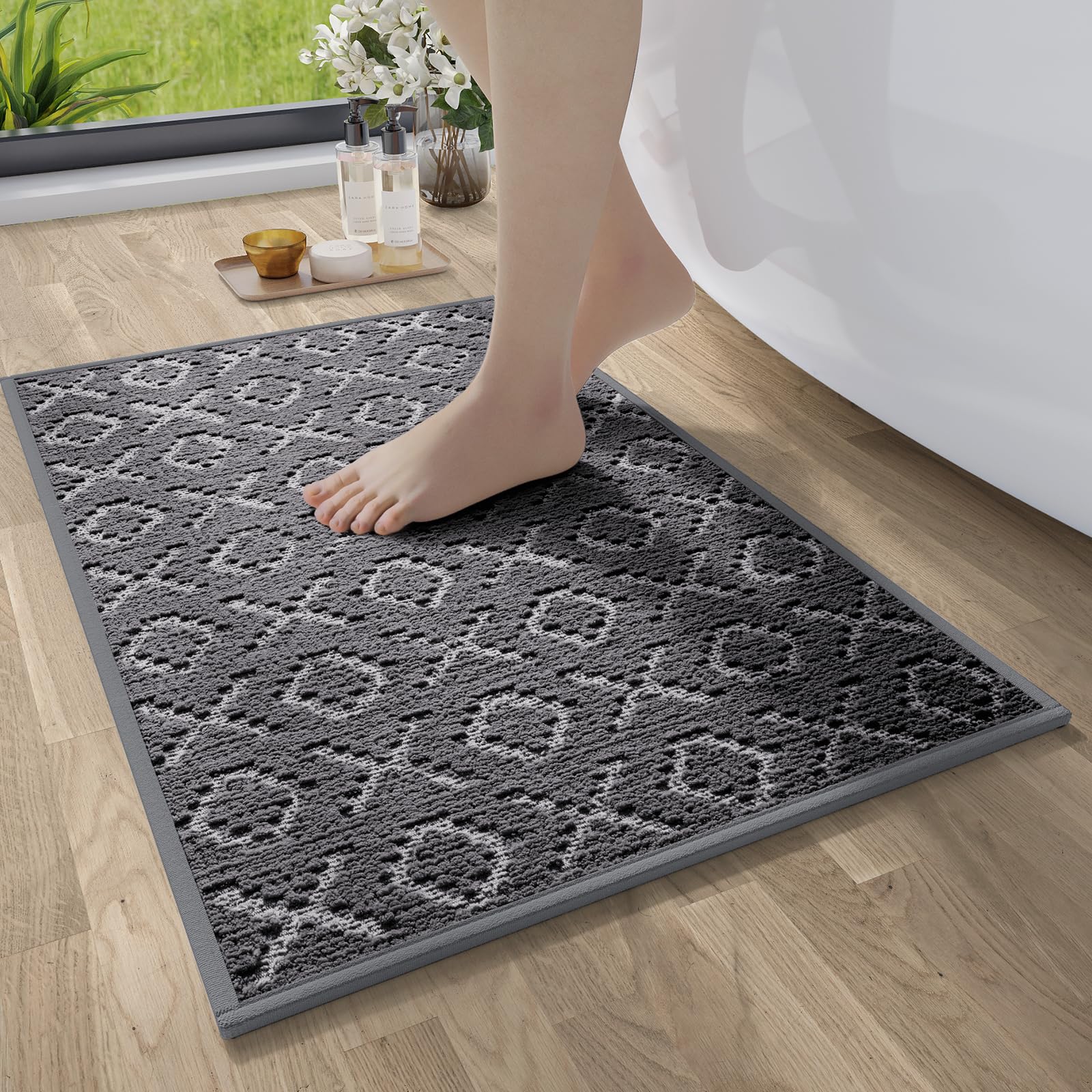 Bathroom Runner Rug Non Slip, Super Absorbent Quick Dry Long Bath Mat, Foam Weave Texture Rubber Backing Ultra Thin Bathroom Mats Fit Under Door Bathroom Floor Bathtub Shower, 16"x 47"