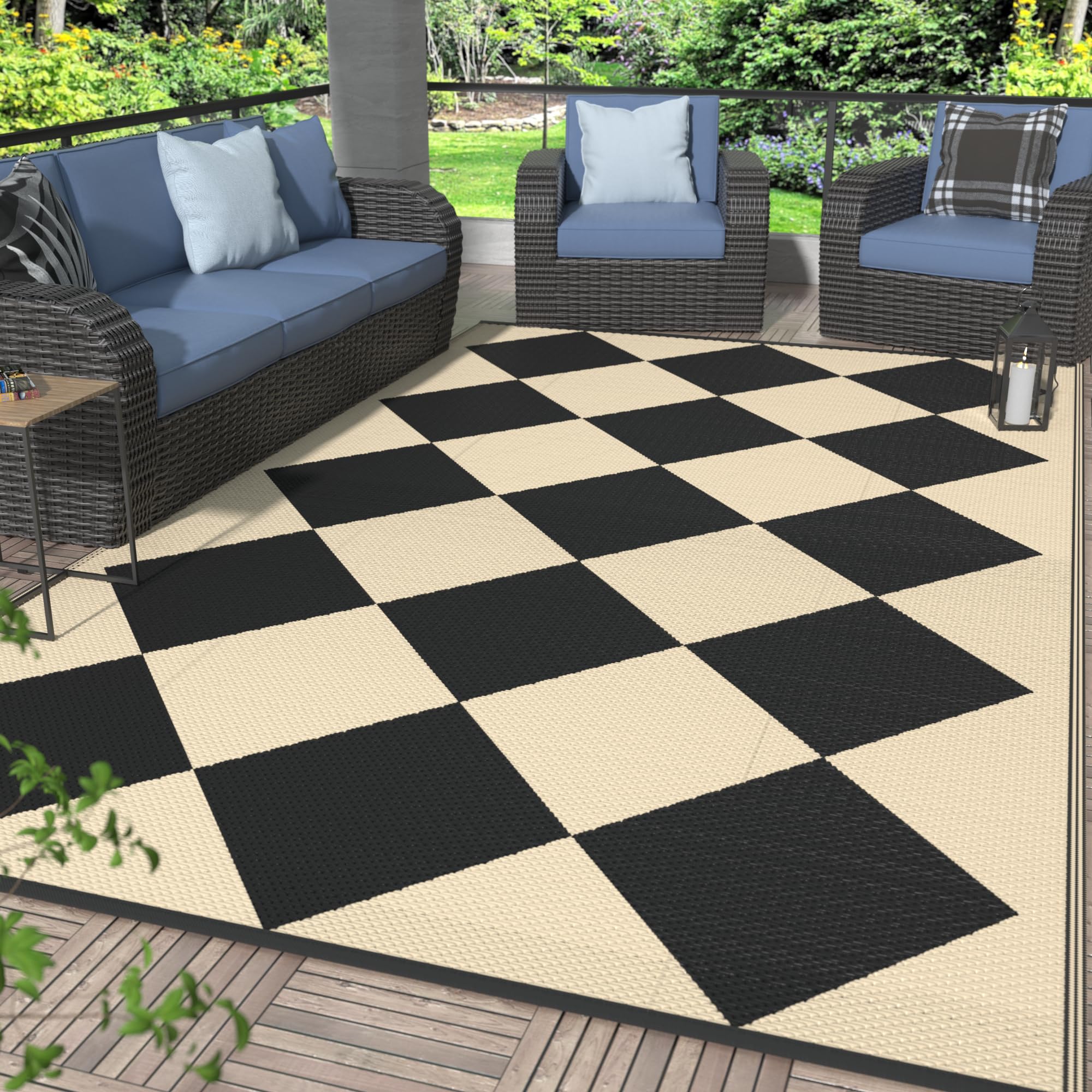 GENIMO 5x8 Outdoor Rug Waterproof, Reversible Mats, Area Rug, Plastic Outside Carpet, Geometric Rv Mat for Patio Camping Rv Picnic Backyard Deck Balcony Porch Beach Trailer (Black & Brown)