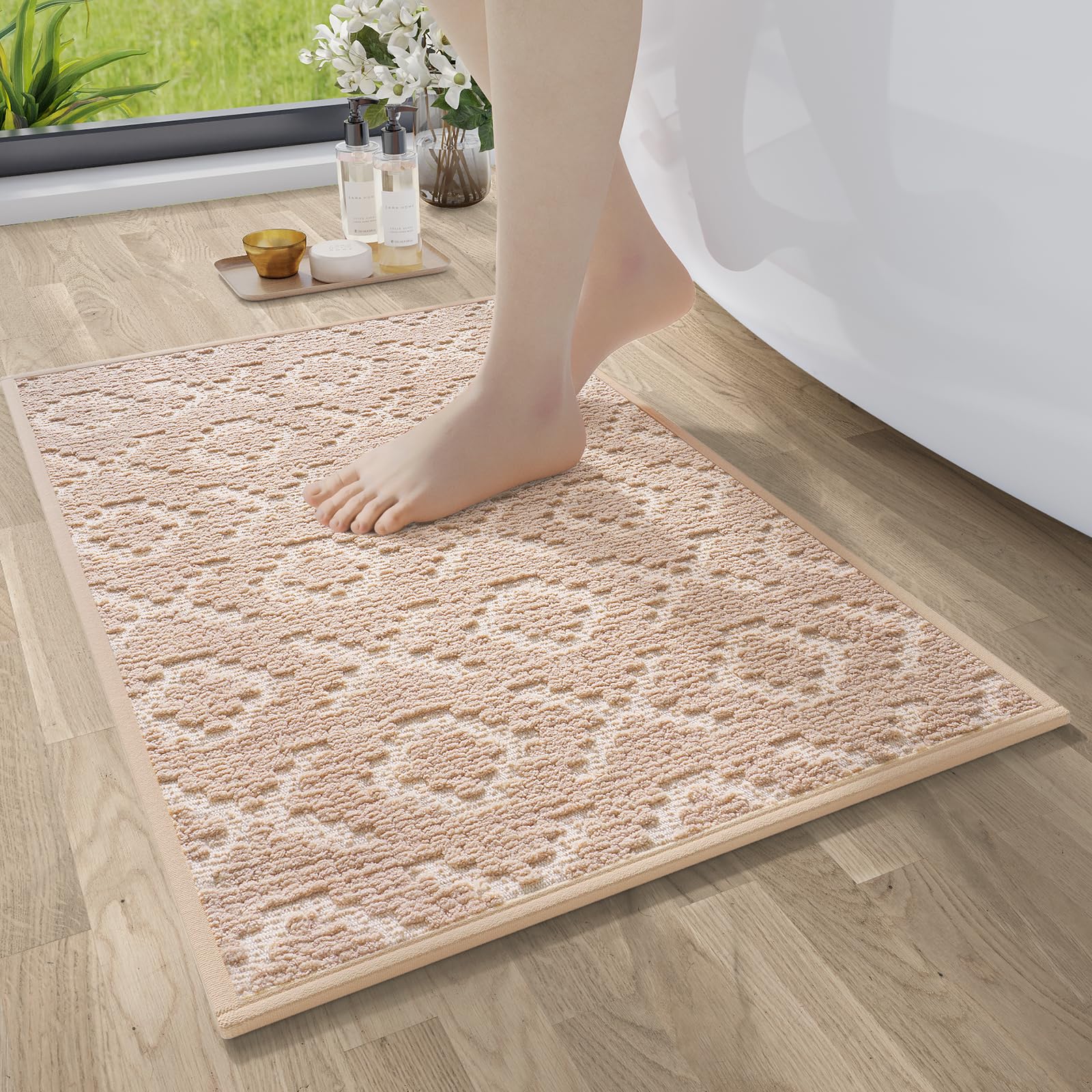 Bathroom Runner Rug Non Slip, Super Absorbent Quick Dry Long Bath Mat, Foam Weave Texture Rubber Backing Ultra Thin Bathroom Mats Fit Under Door Bathroom Floor Bathtub Shower, 16"x 47"