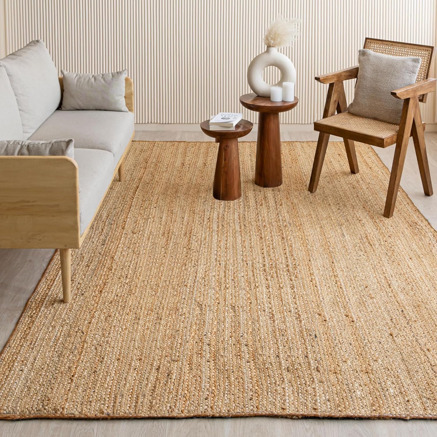 HOMEMONDE Braide Natural Jute Rug 5'x8' Boho Home Decor Area Rug - Barley White Hand Woven Rustic Vintage Reversible for Bedroom, Kitchen, Living Room, Hallway, Dining Room