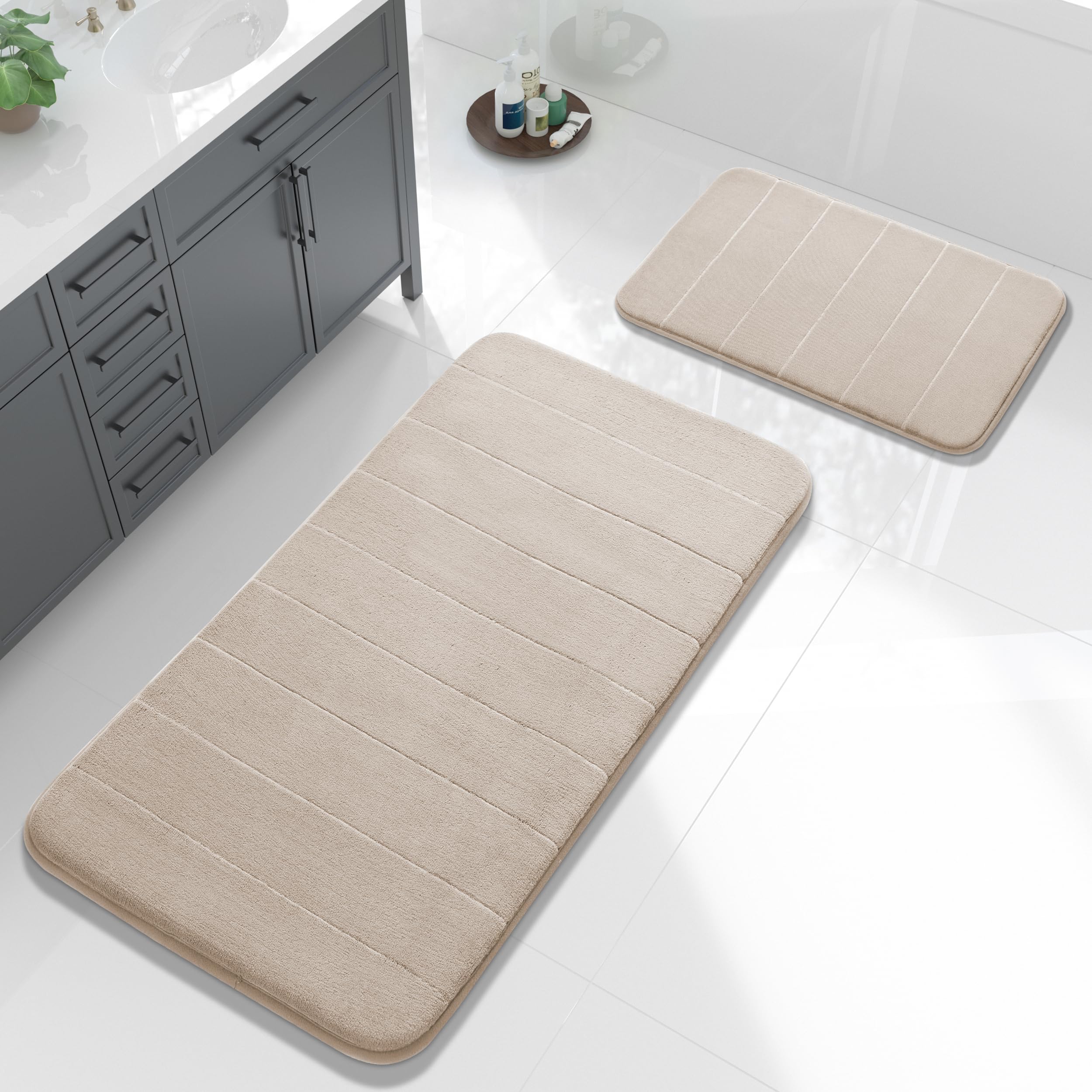 Yimobra Memory Foam Bath Mat Set 2 Piece - Super Soft Absorbent Quick Dry Bathroom Toilet Rugs, Machine Washable Non Slip Floor Carpet for Tub Shower & Single Sink (31.5x20 & 24x20, Gray)