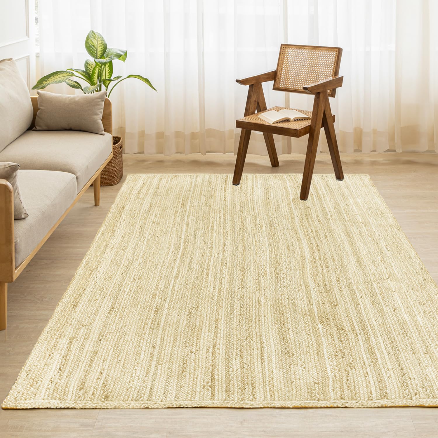 HOMEMONDE Braide Natural Jute Rug 5'x8' Boho Home Decor Area Rug - Barley White Hand Woven Rustic Vintage Reversible for Bedroom, Kitchen, Living Room, Hallway, Dining Room