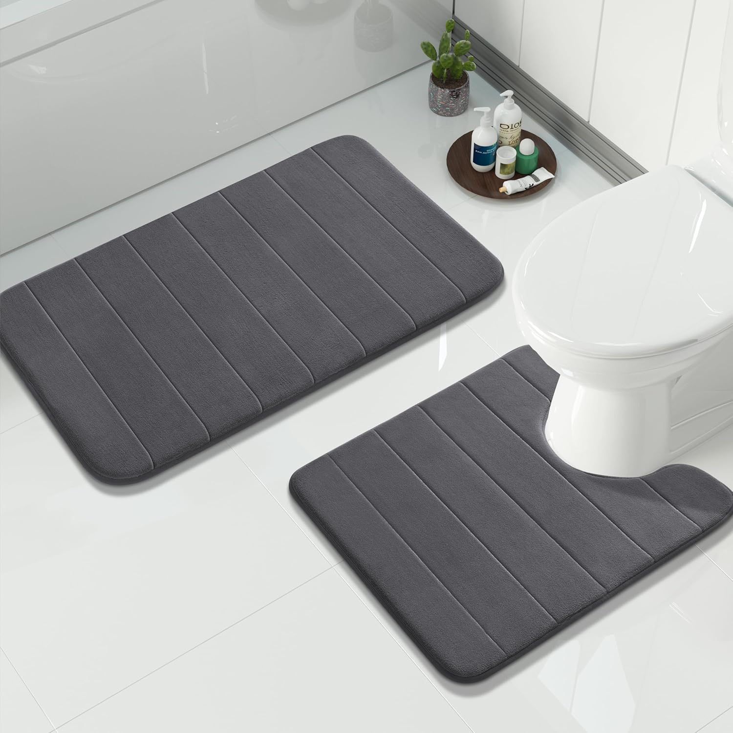 Yimobra Memory Foam Bathroom Rugs Sets 2 Piece - Super Soft Absorbent Quick Dry Bath Mat Set, Machine Washable Non Slip Floor Carpet for Tub Shower & Single Sink (17x24 & 31.5x20 Inch, Dark Gray)