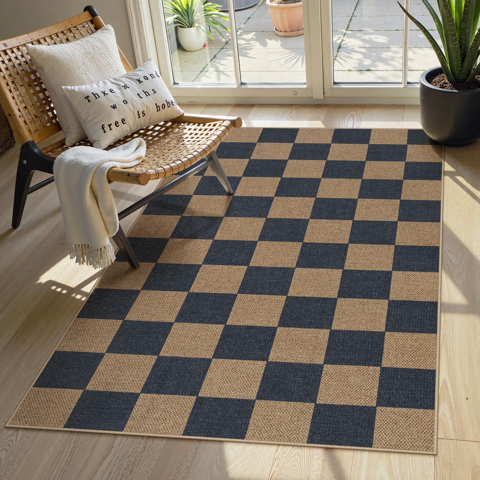 Lahome Checkered Easy Jute 5x7 Area Rugs, Washable Outdoor Patio Rug for Living Room Diamond Indoor Outdoor Carpet, Farmhouse Geometric Non Slip Black Carpet for Backyard Dining Room