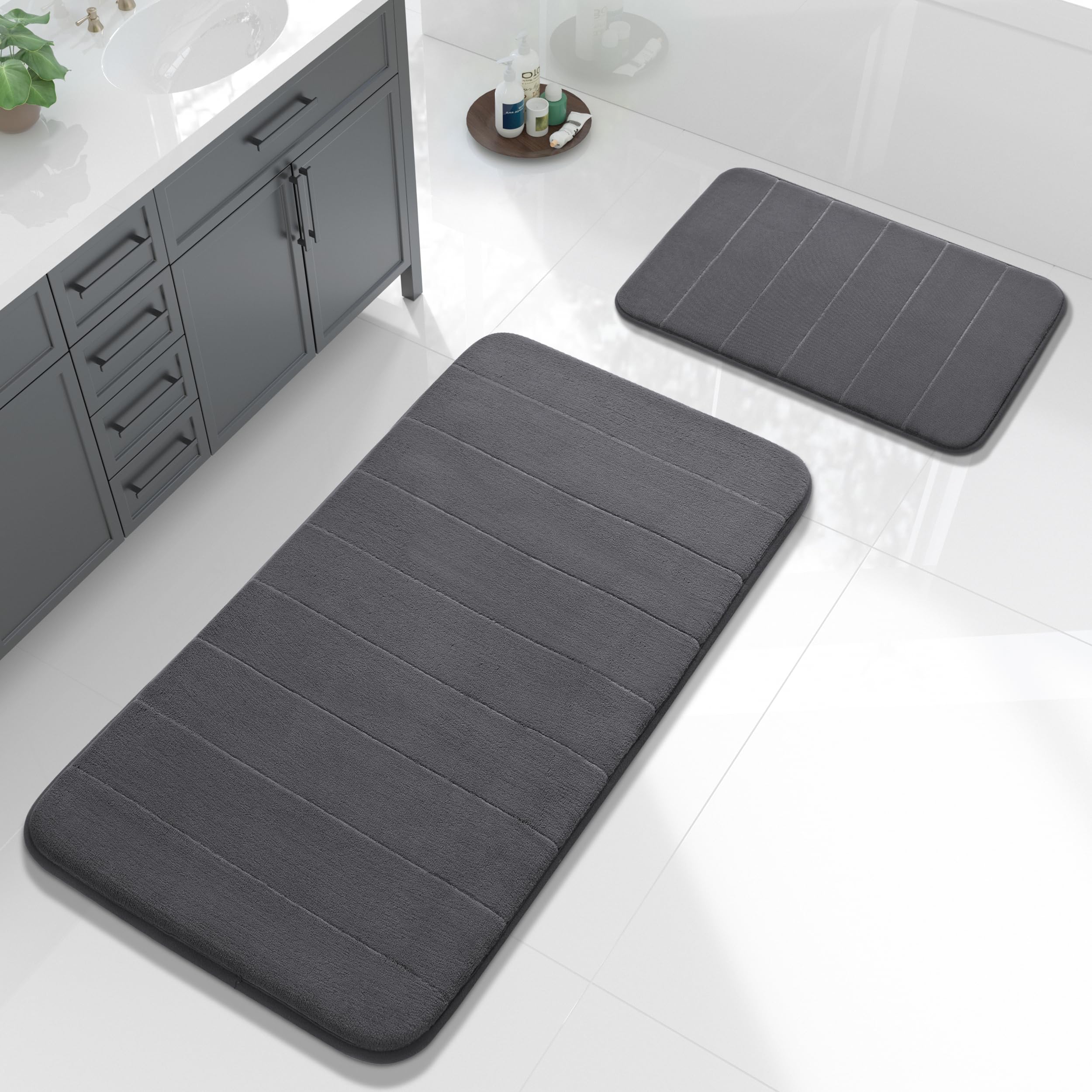 Yimobra Memory Foam Bath Mat Set 2 Piece - Super Soft Absorbent Quick Dry Bathroom Toilet Rugs, Machine Washable Non Slip Floor Carpet for Tub Shower & Single Sink (31.5x20 & 24x20, Gray)