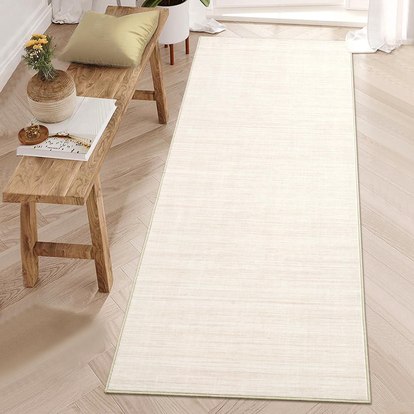 5x7 Washable Rugs Non Slip Minimalist Area Rug for Bedroom Soft Low Pile Solid Color Large Bedroom Throw Carpet Stain Resistant Classic Neutral Area Rug Plain Boho Rugs for Kitchen Nursery, Ivory