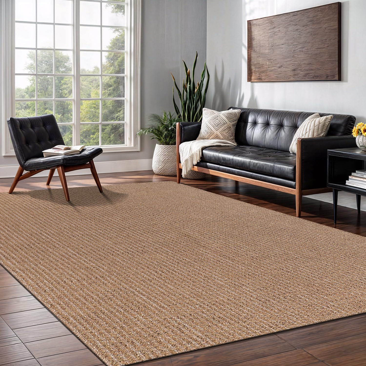 Washable Easy Jute Rug 5x7, Indoor Outdoor Rugs Natural Color Farmhouse Area Rugs for Living Room, Kitchen, High Traffic Area, Easy to Clean Solid Boho Woven Design Outside Carpet (5 X 7 Natural)