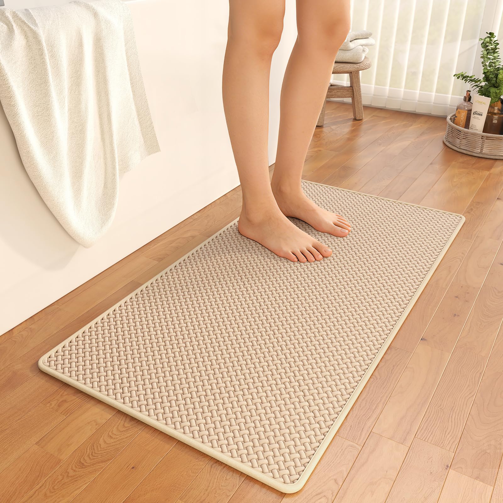 Bathroom Runner Rug Non Slip, Super Absorbent Quick Dry Long Bath Mat, Foam Weave Texture Rubber Backing Ultra Thin Bathroom Mats Fit Under Door Bathroom Floor Bathtub Shower, 16"x 47"