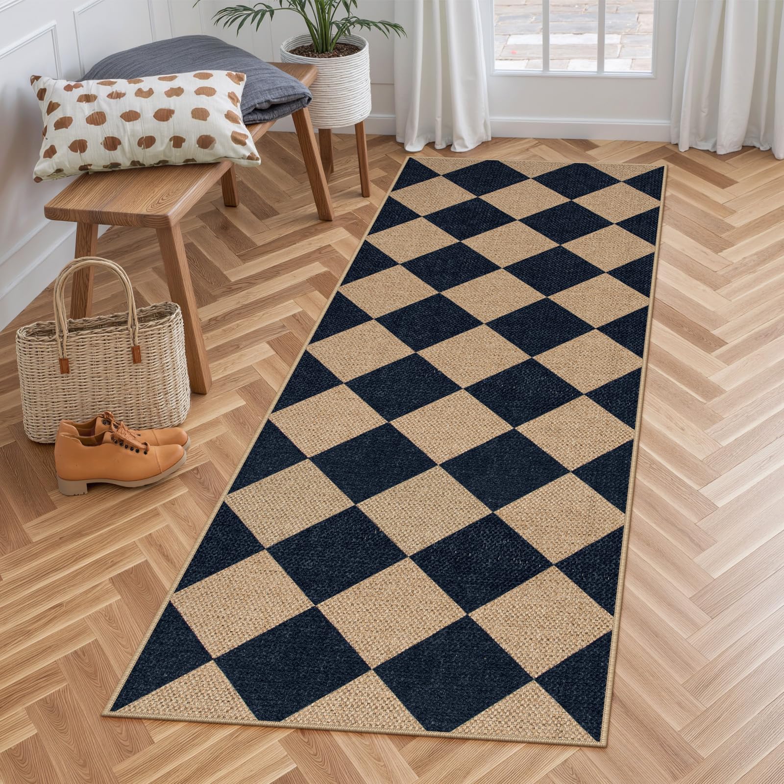Lahome Checkered Easy Jute 5x7 Area Rugs, Washable Outdoor Patio Rug for Living Room Diamond Indoor Outdoor Carpet, Farmhouse Geometric Non Slip Black Carpet for Backyard Dining Room