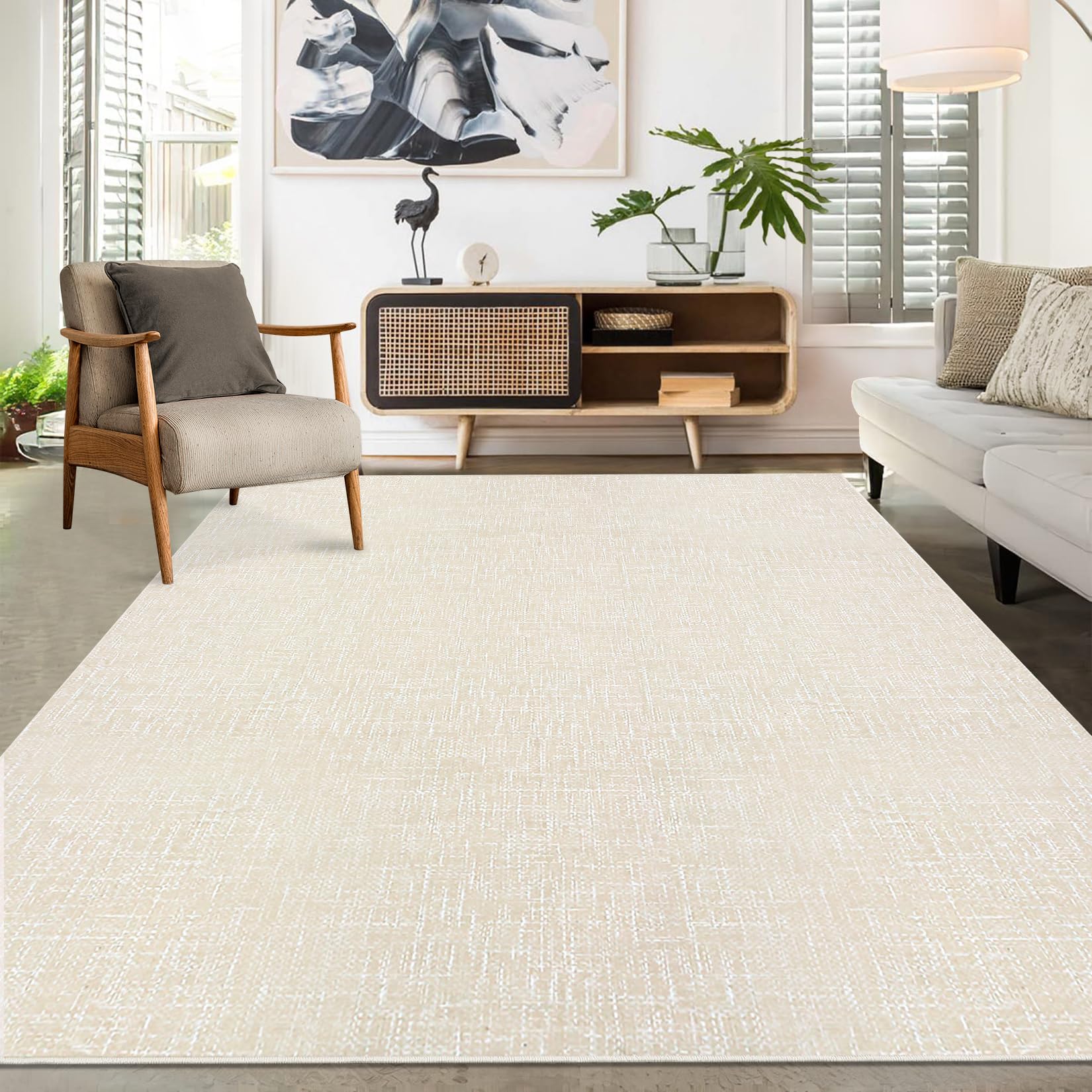 RUGSREAL 8x10 Washable Rug for Living Room Non-Slip Modern Abstract Area Rug Stain Resistant Large Bedroom Rug Contemporary Accent Throw Floor Carpet Solid Rug for Dining Room Home Decor, Beige