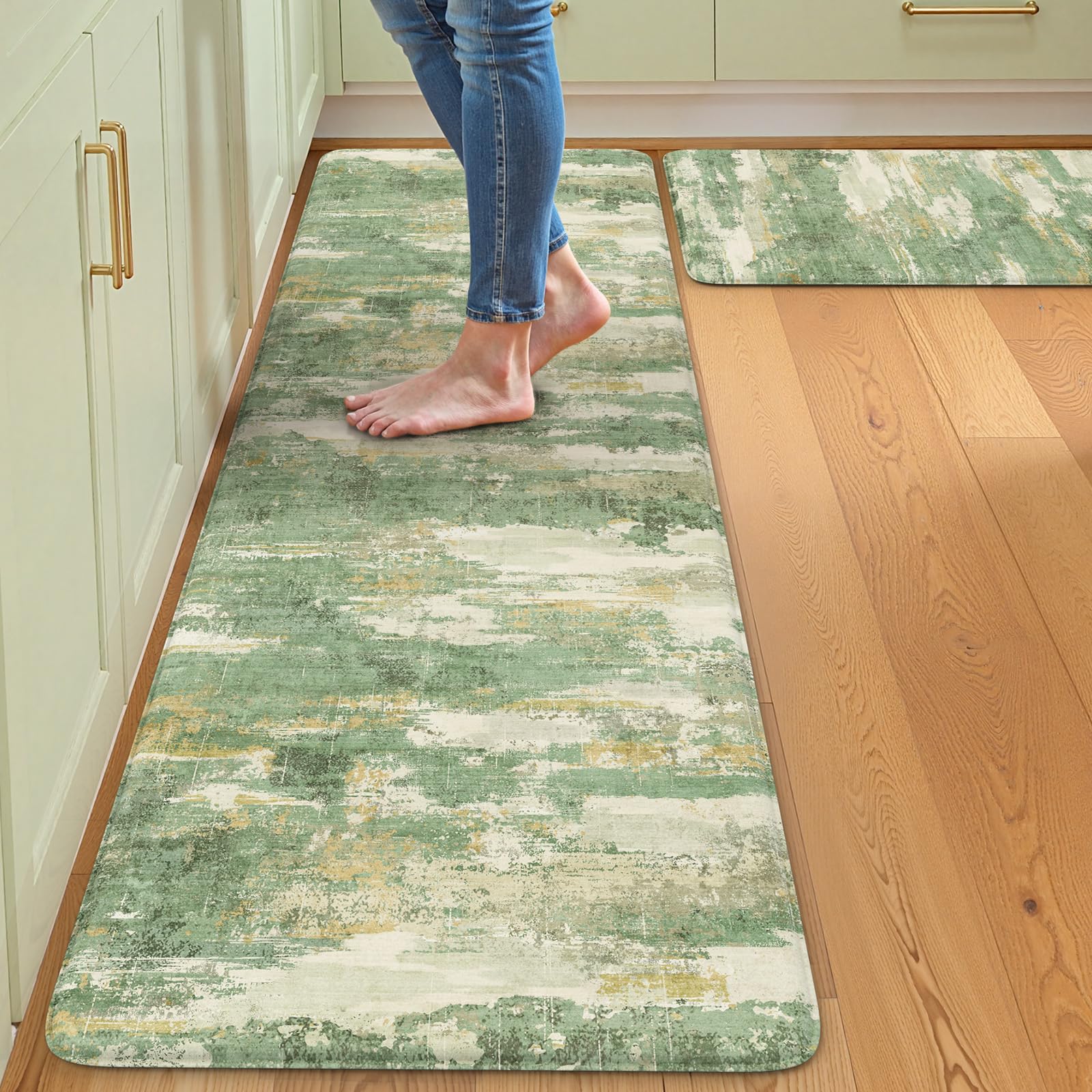 Collive Kitchen Mats Cushioned Anti Fatigue, Abstract Kitchens Floor Mat Non Slip Desk Rugs Waterproof, Beige Memory Foam Comfort Standing Rug for Sink, Home Decor, 17"x59"+17"x29"