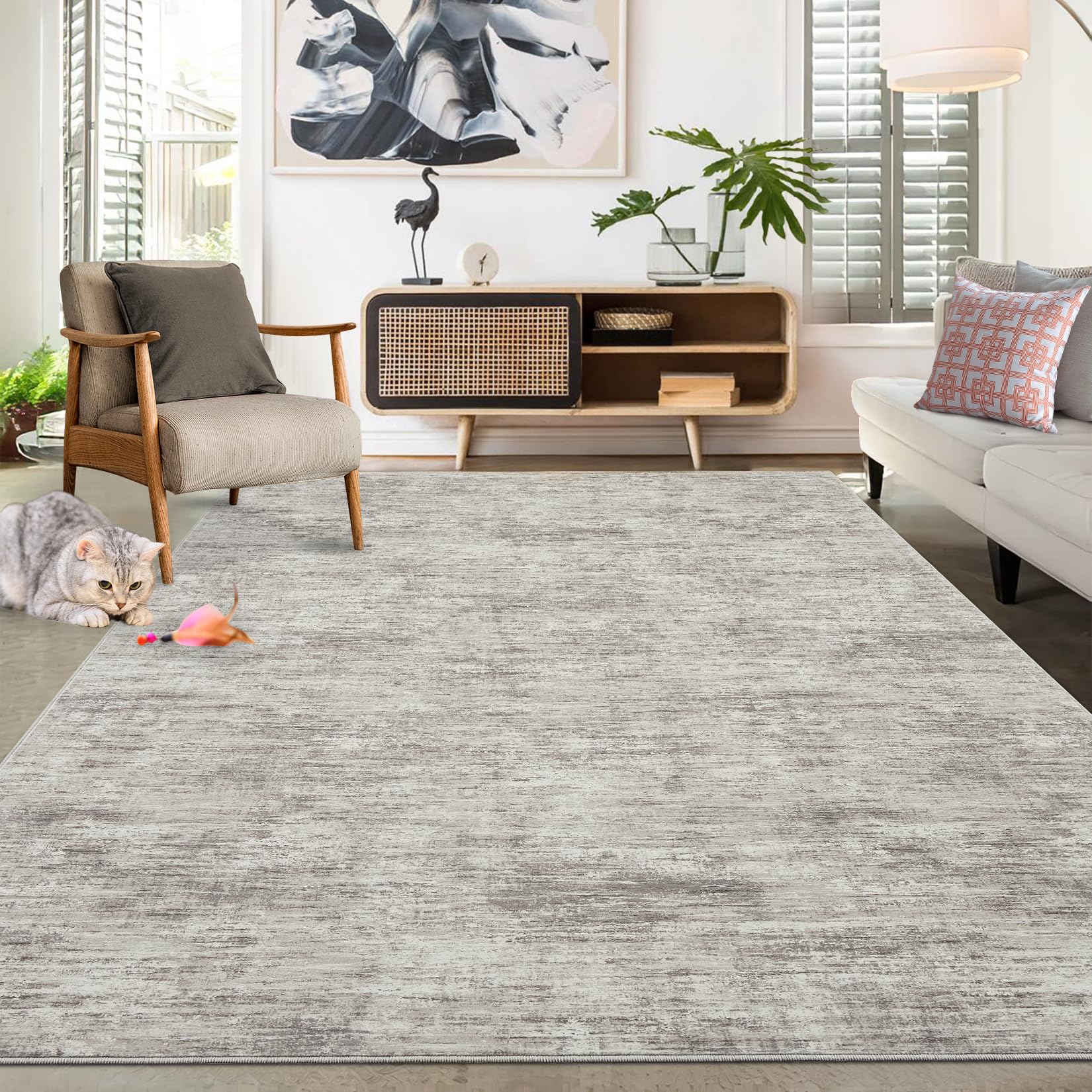 RUGSREAL 8x10 Washable Rug for Living Room Non-Slip Modern Abstract Area Rug Stain Resistant Large Bedroom Rug Contemporary Accent Throw Floor Carpet Solid Rug for Dining Room Home Decor, Beige