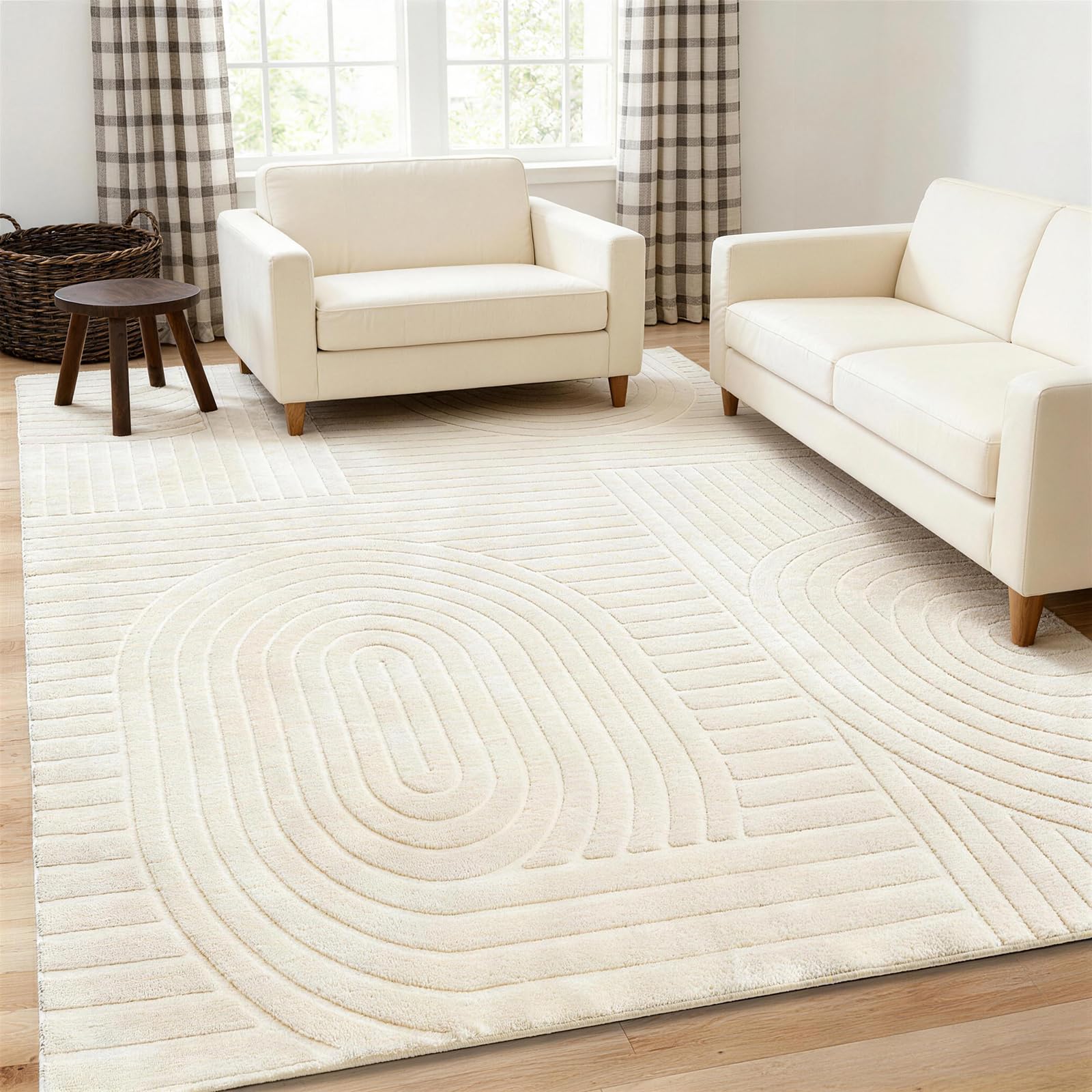 Beige Solid Area Rug 8x10 – Large Washable Soft Indoor Rugs for Living Room Bedroom, Modern Geometric Bohemian Pattern High-Low Pile Textured Carpet for House Apartment, Home Office Decor