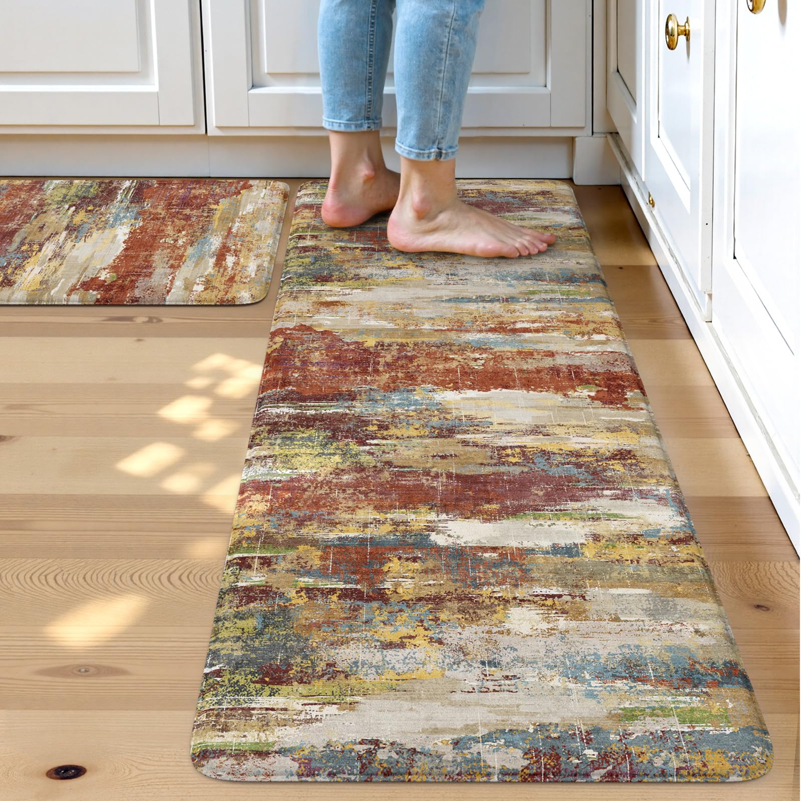 Collive Kitchen Mats Cushioned Anti Fatigue, Abstract Kitchens Floor Mat Non Slip Desk Rugs Waterproof, Beige Memory Foam Comfort Standing Rug for Sink, Home Decor, 17"x59"+17"x29"