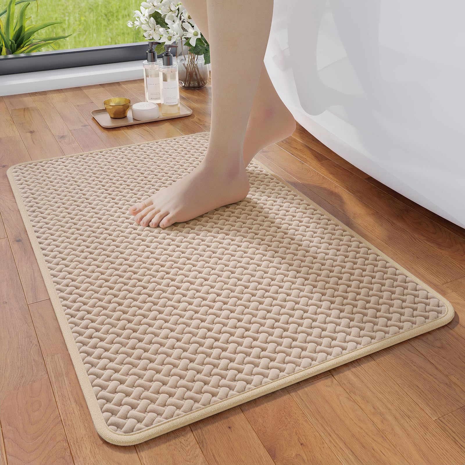 Bathroom Runner Rug Non Slip, Super Absorbent Quick Dry Long Bath Mat, Foam Weave Texture Rubber Backing Ultra Thin Bathroom Mats Fit Under Door Bathroom Floor Bathtub Shower, 16"x 47"