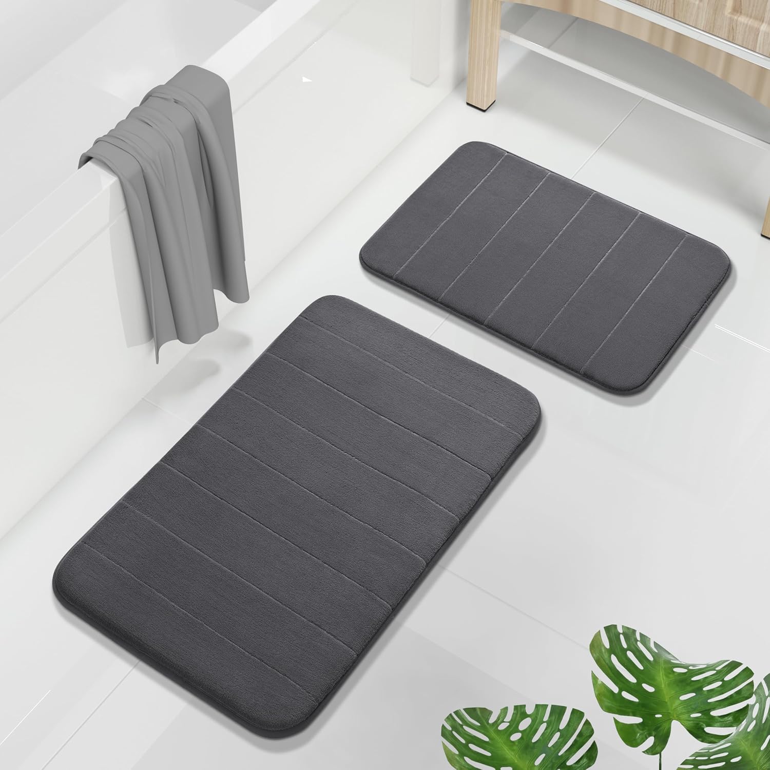Yimobra Memory Foam Bathroom Rugs Sets 2 Piece - Super Soft Absorbent Quick Dry Bath Mat Set, Machine Washable Non Slip Floor Carpet for Tub Shower & Single Sink (17x24 & 31.5x20 Inch, Dark Gray)