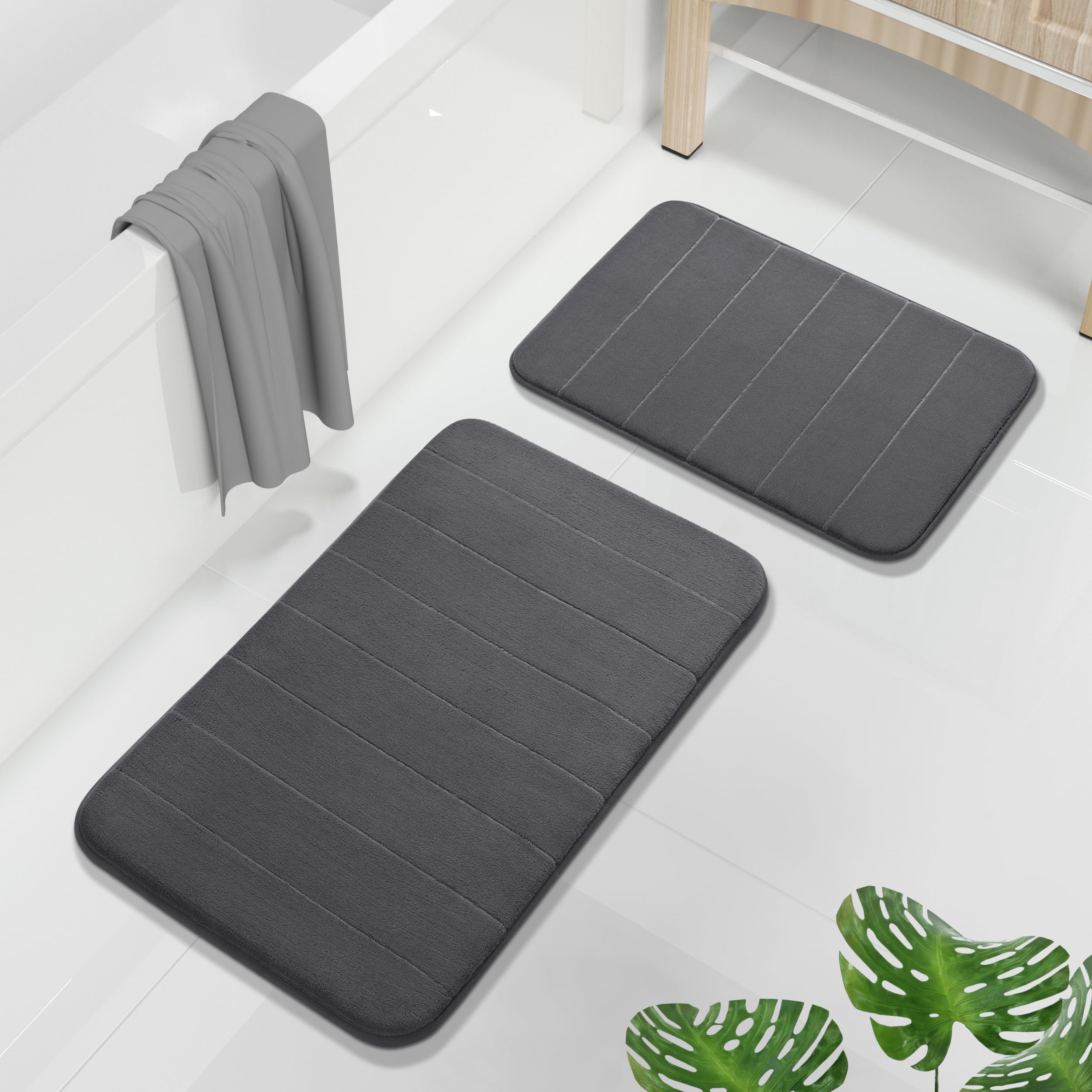 Yimobra Memory Foam Bath Mat Set 2 Piece - Super Soft Absorbent Quick Dry Bathroom Toilet Rugs, Machine Washable Non Slip Floor Carpet for Tub Shower & Single Sink (31.5x20 & 24x20, Gray)