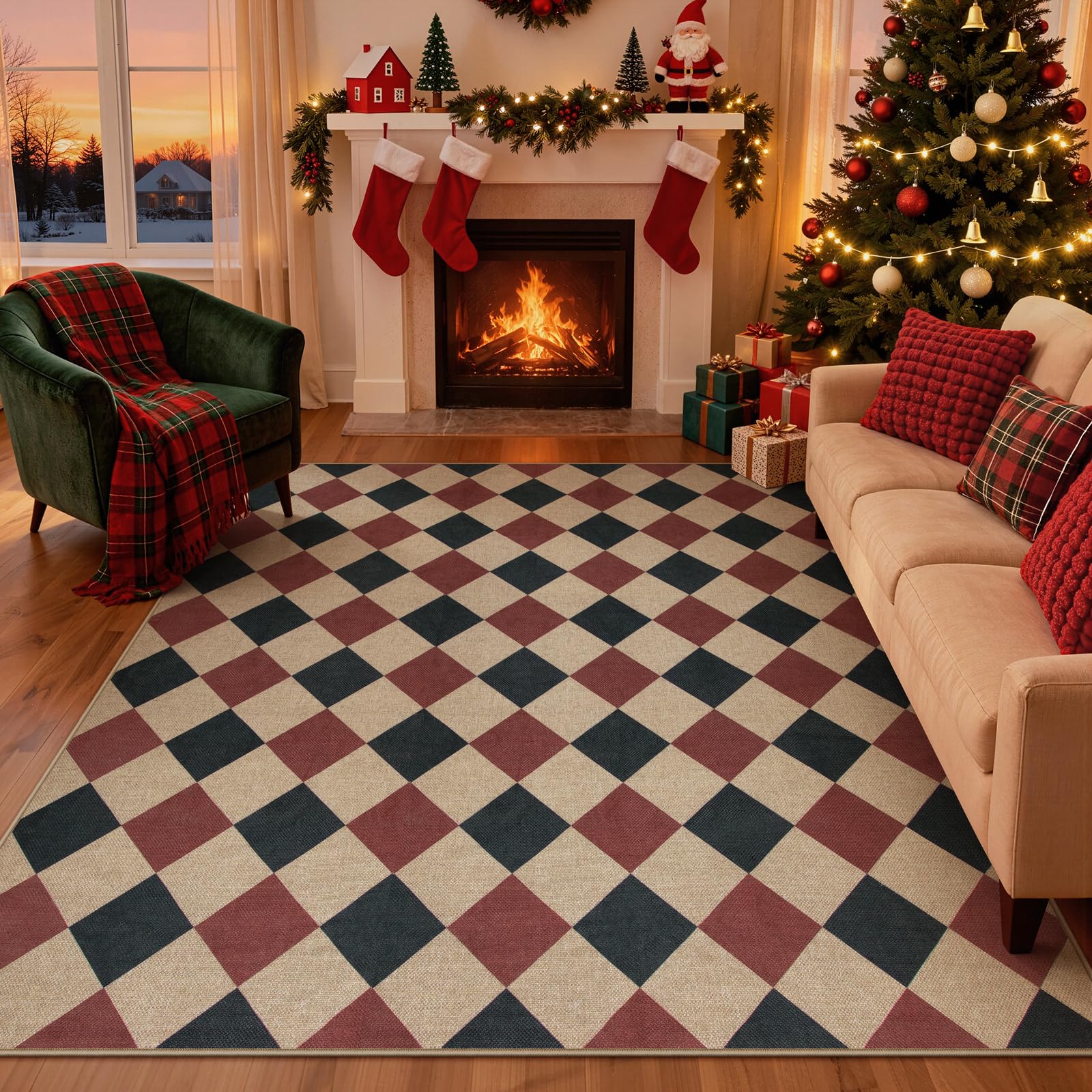 Lahome Checkered Easy Jute 5x7 Area Rugs, Washable Outdoor Patio Rug for Living Room Diamond Indoor Outdoor Carpet, Farmhouse Geometric Non Slip Black Carpet for Backyard Dining Room