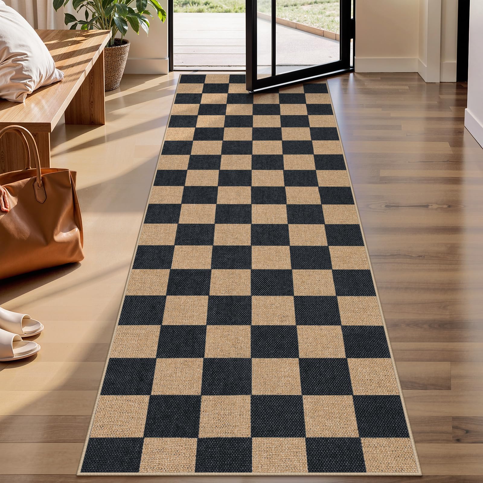Lahome Checkered Easy Jute 5x7 Area Rugs, Washable Outdoor Patio Rug for Living Room Diamond Indoor Outdoor Carpet, Farmhouse Geometric Non Slip Black Carpet for Backyard Dining Room