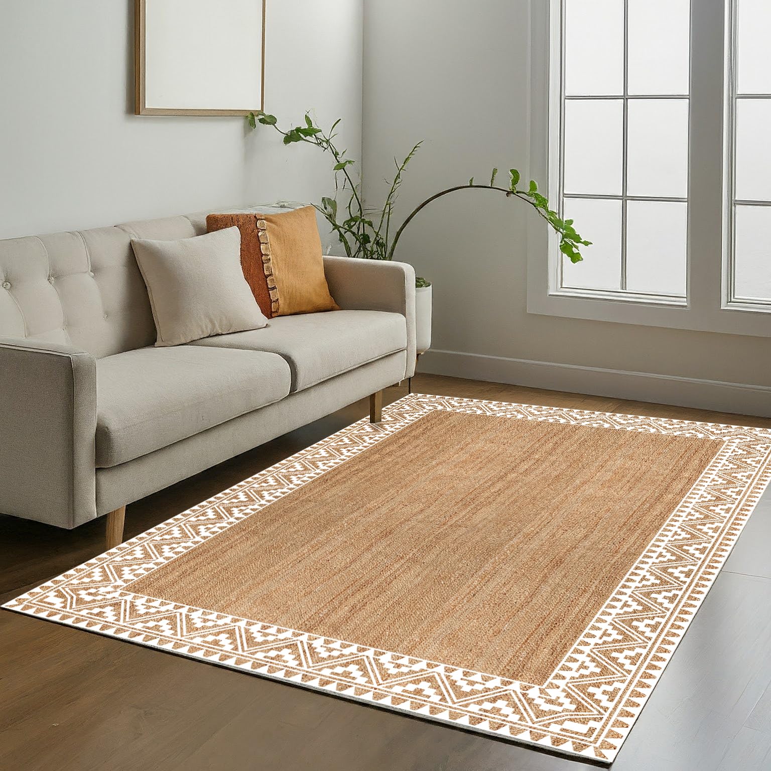 voyzz home 6X9 Feet-Oval, Premium Natural Jute High Traffic Braided Area Rug, Stain Resistance, Handmade Rug for Entryways, Living Room, Dining Room, Bedroom, Farmhouse (Natural & Grey & Ivory)